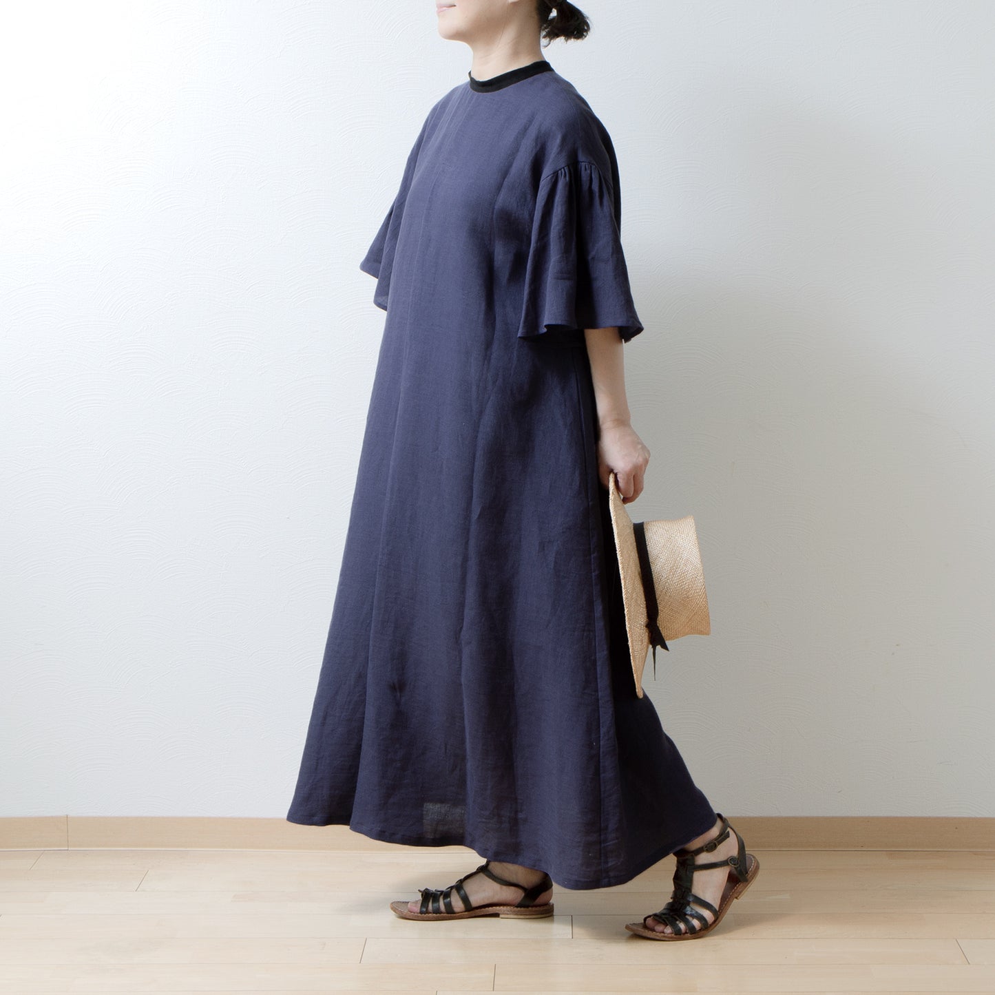 Flared half sleeve A-line linen dress/purple navy