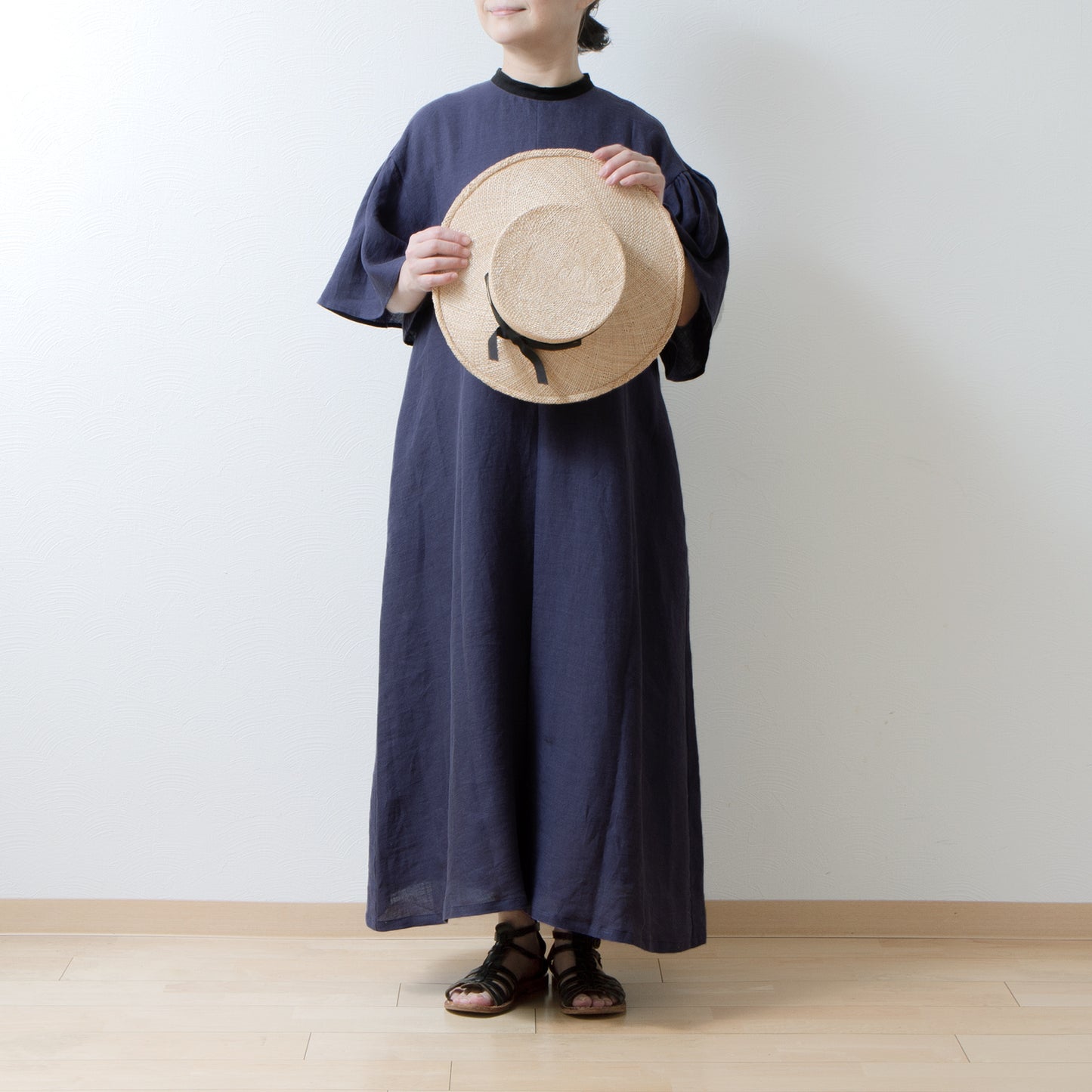 Flared half sleeve A-line linen dress/purple navy