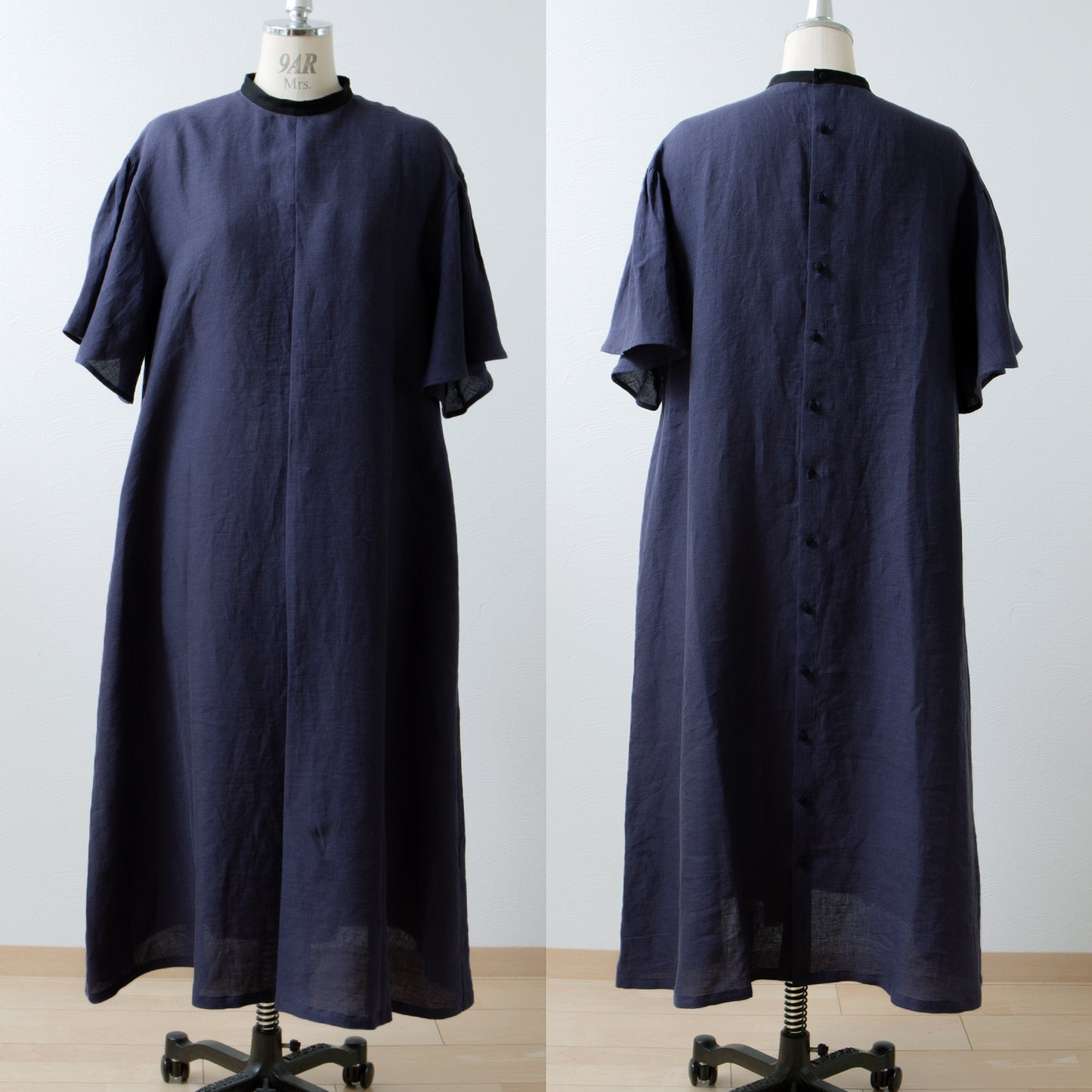 Flared half sleeve A-line linen dress/purple navy