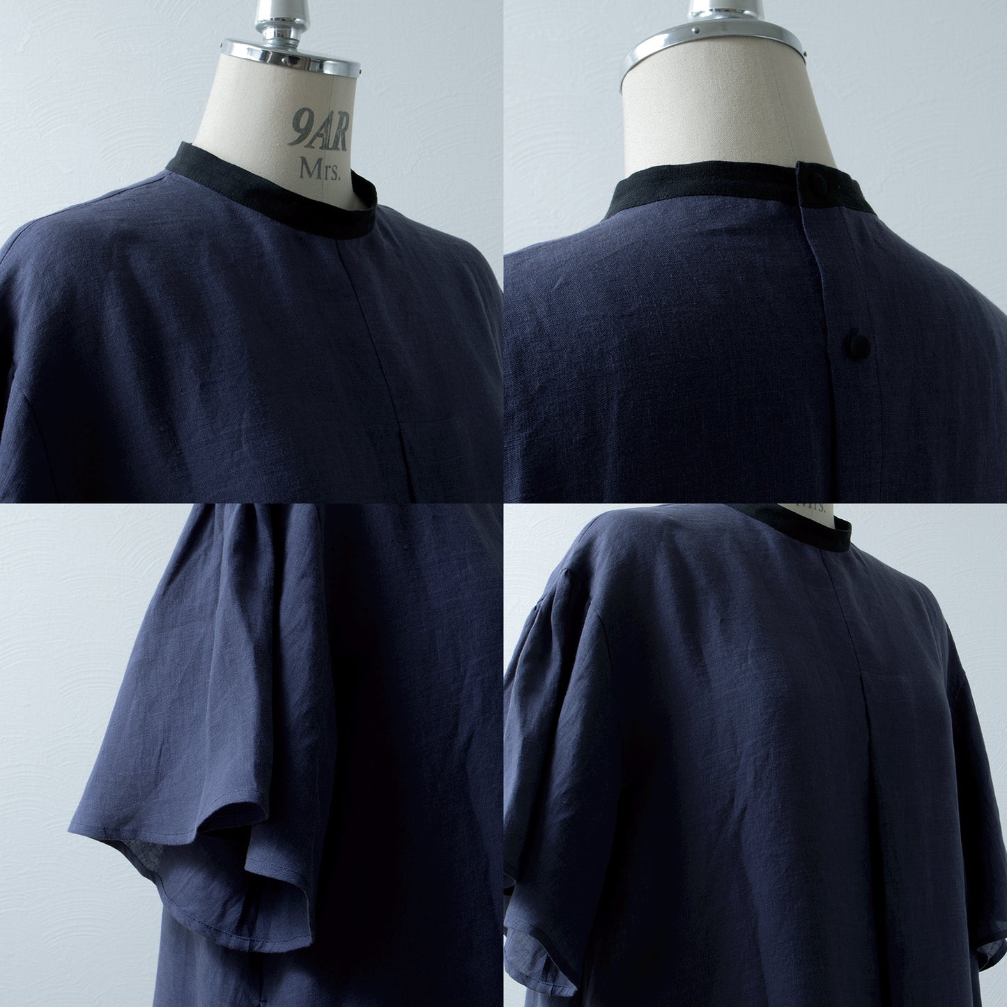 Flared half sleeve A-line linen dress/purple navy
