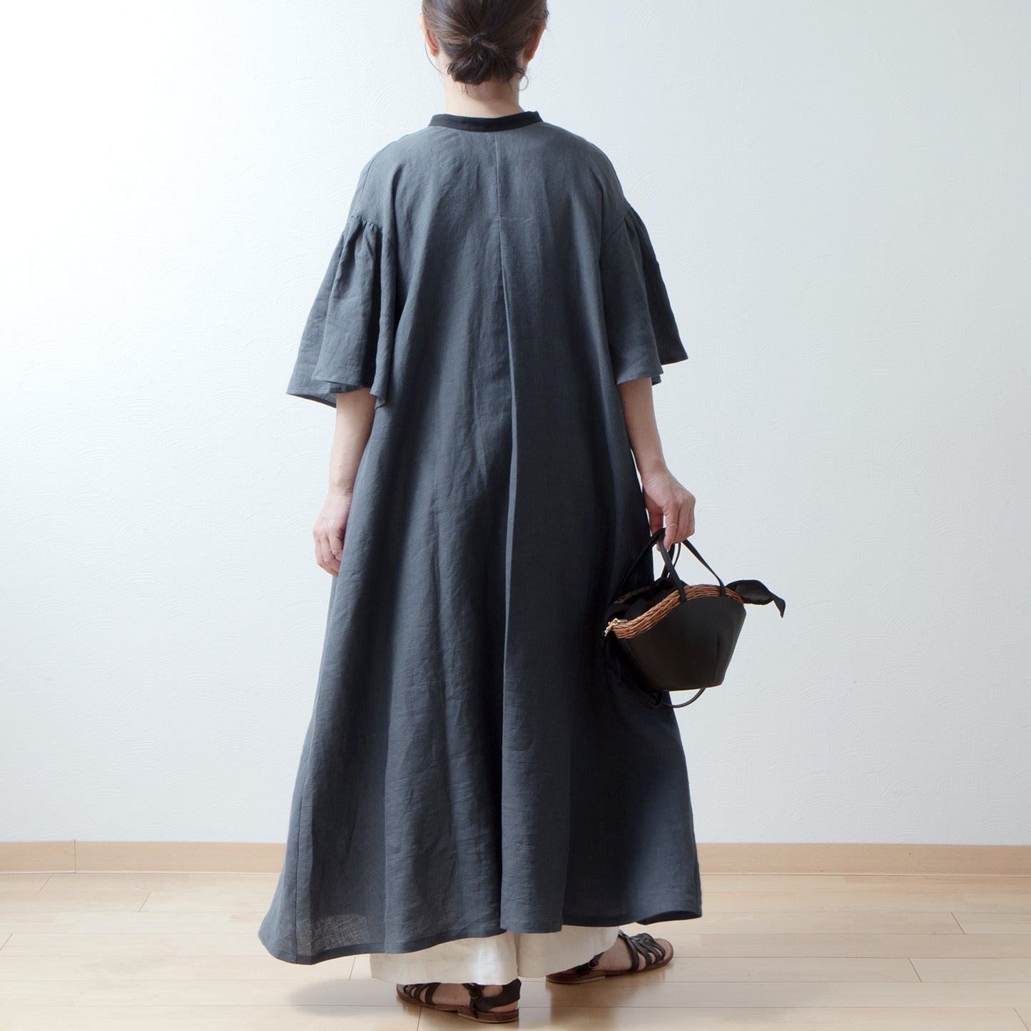 Flared half sleeve A-line linen dress/gray