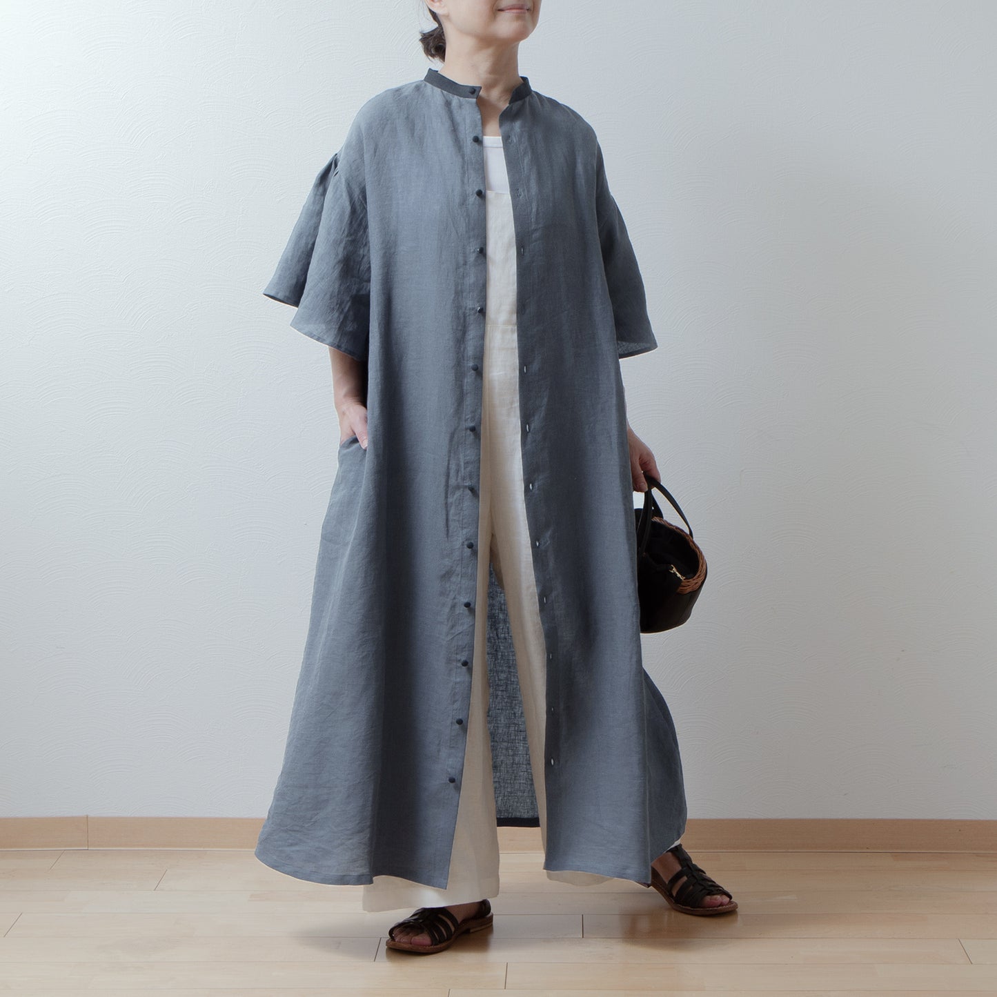 Flared half sleeve A-line linen dress/gray