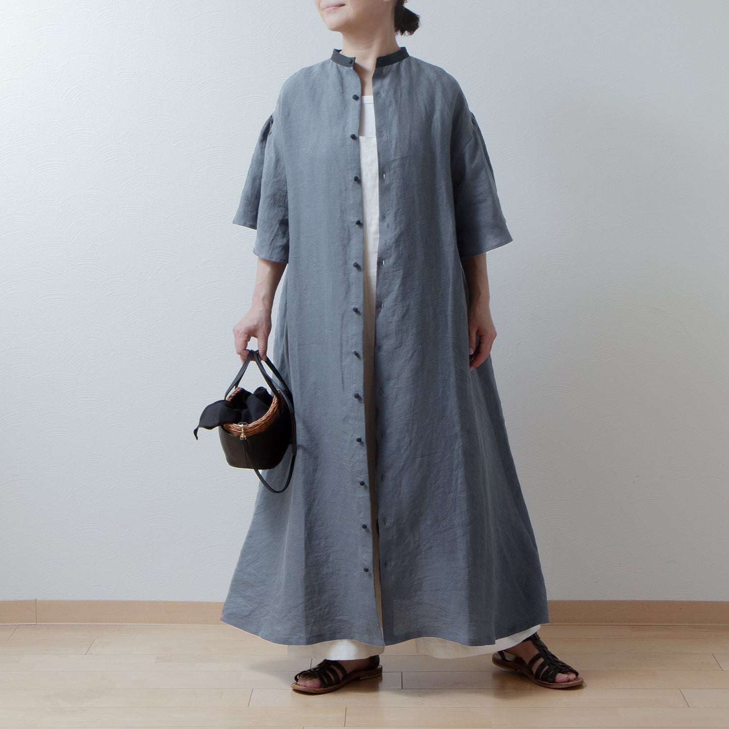 Flared half sleeve A-line linen dress/gray