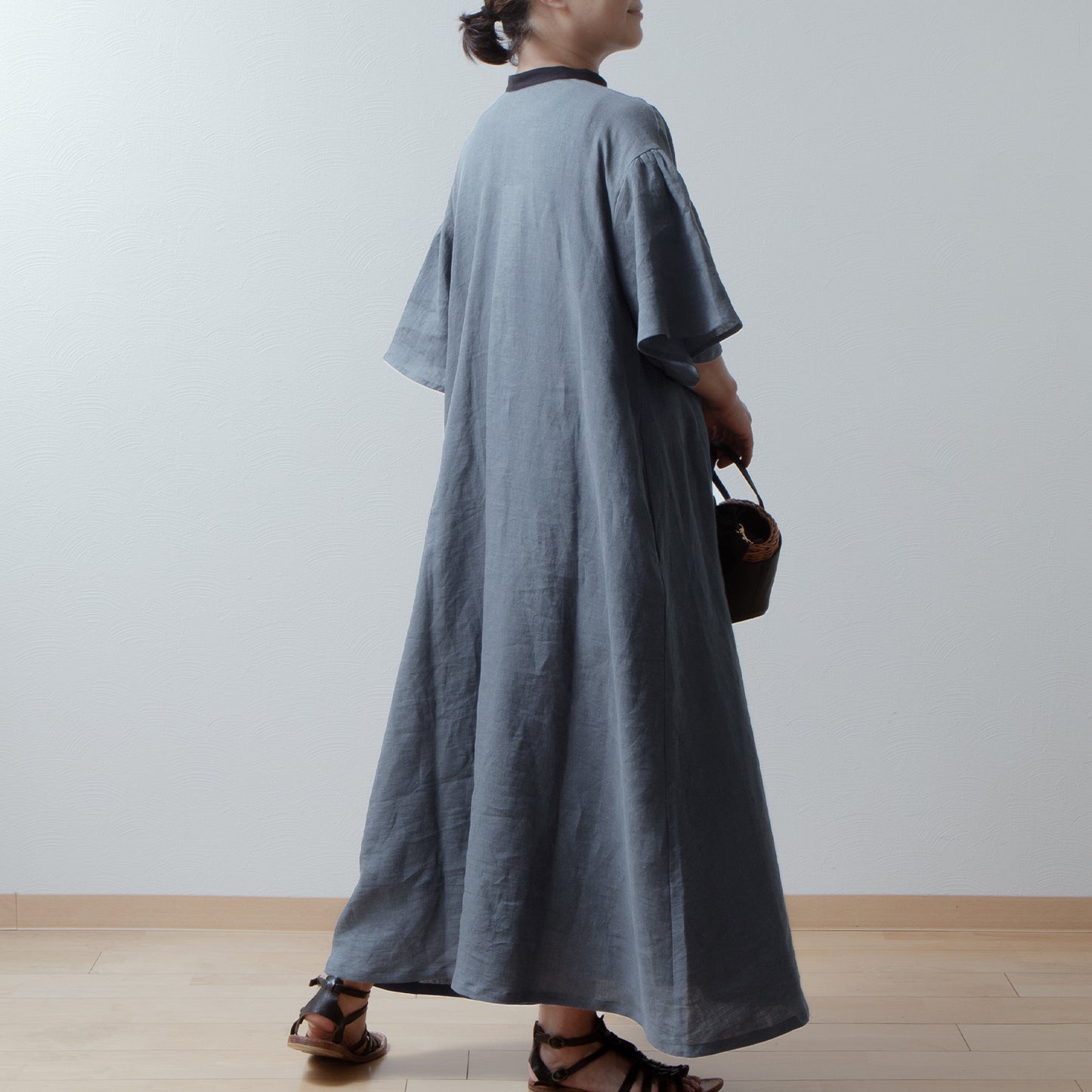Flared half sleeve A-line linen dress/gray