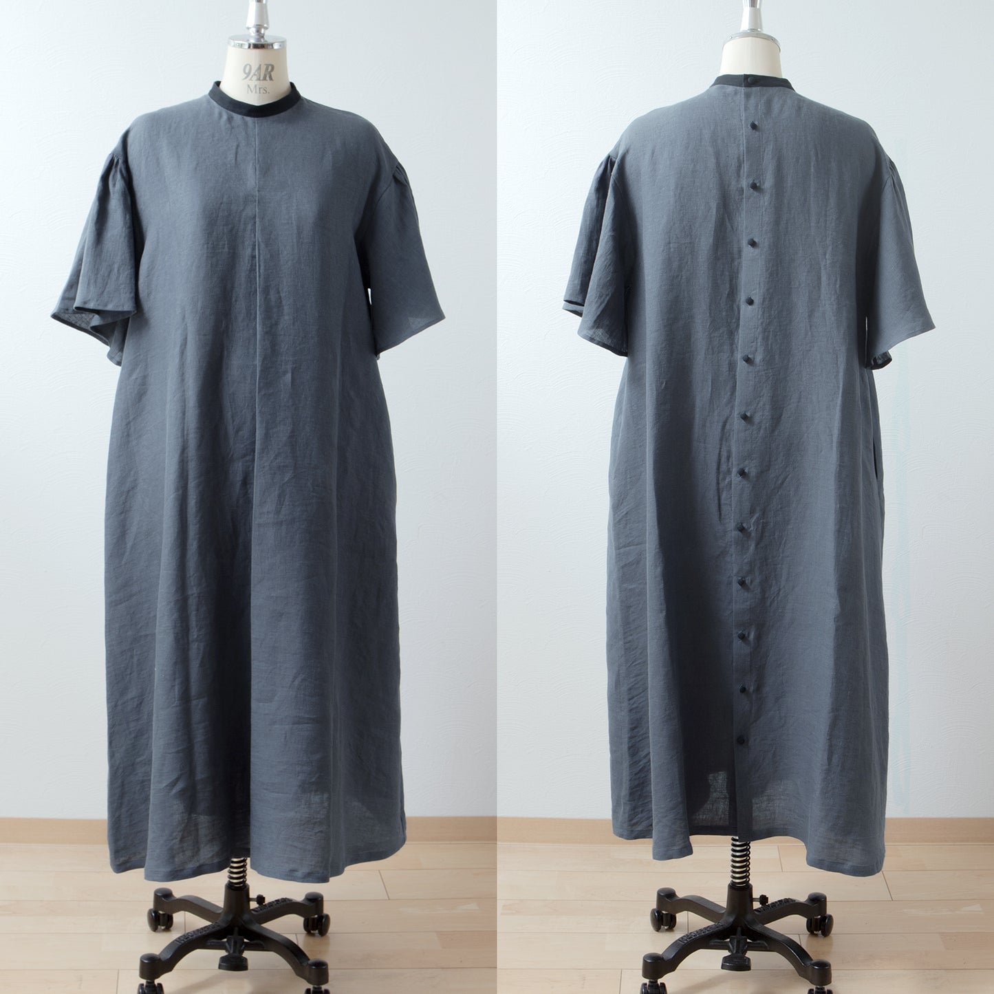 Flared half sleeve A-line linen dress/gray