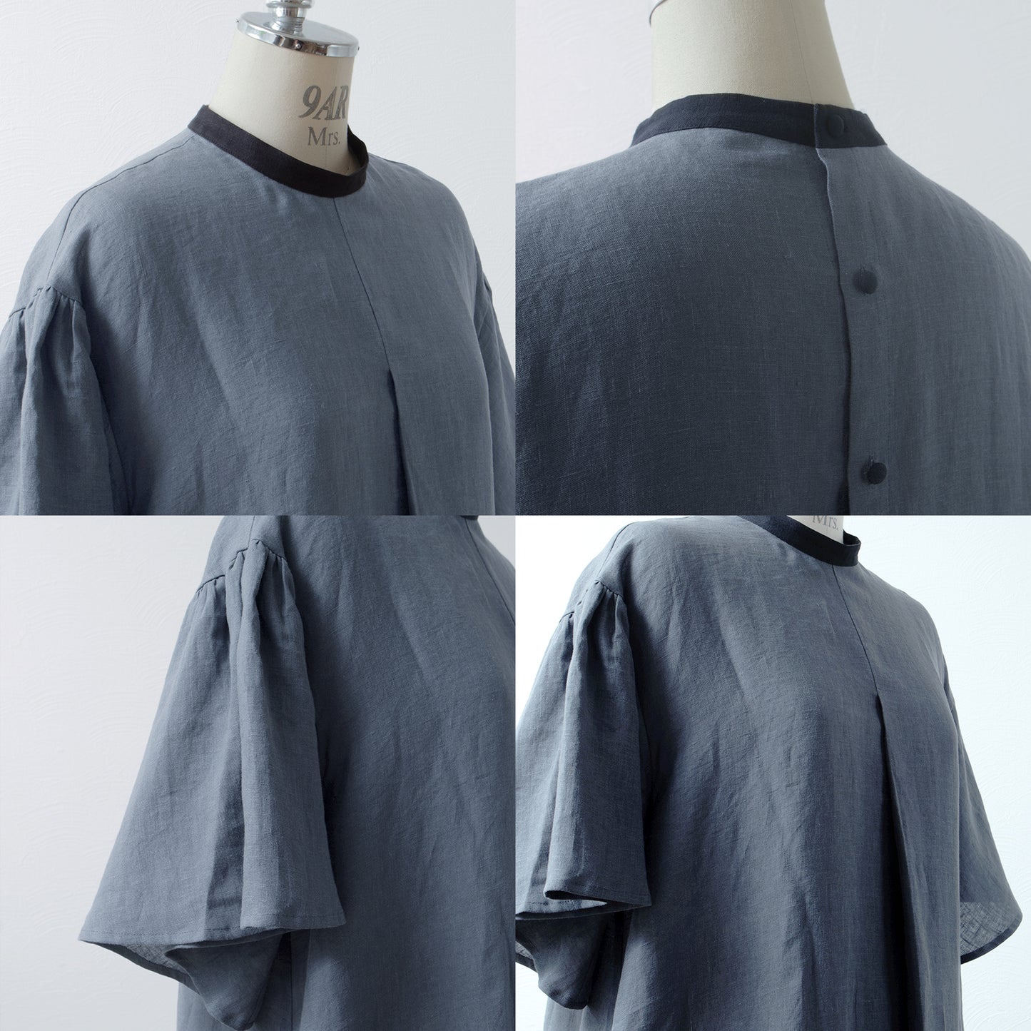 Flared half sleeve A-line linen dress/gray