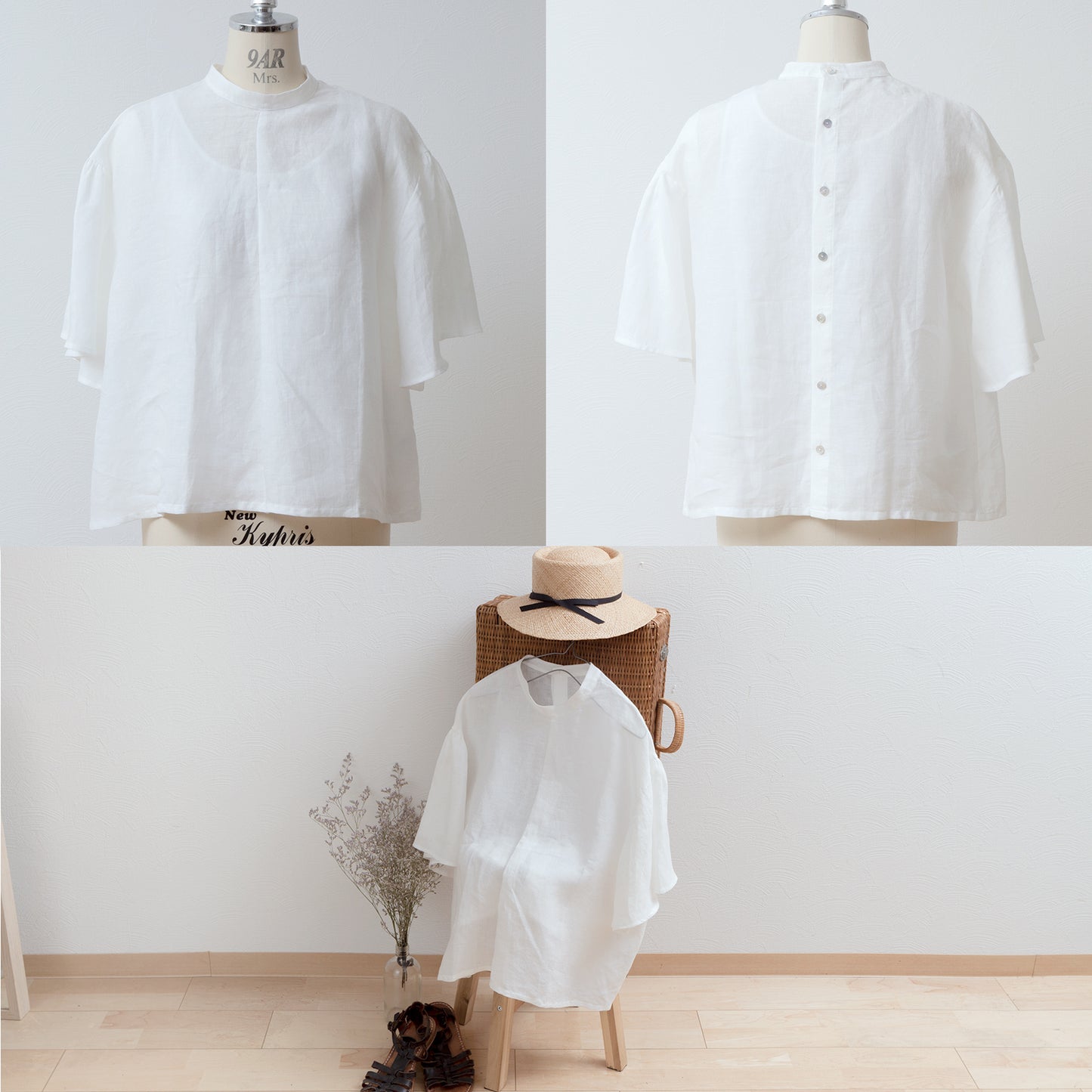 Flared half sleeve linen blouse/off white