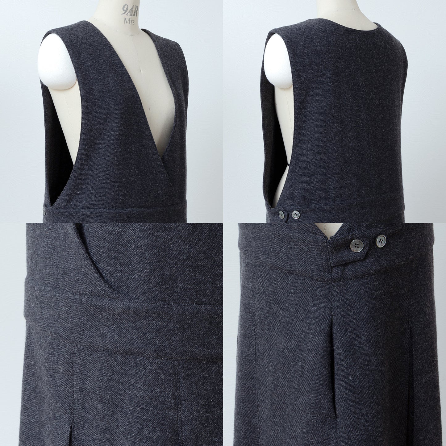 冬のカシュクールプリーツワンピース-ウールヘリンボ-ン/チャコール