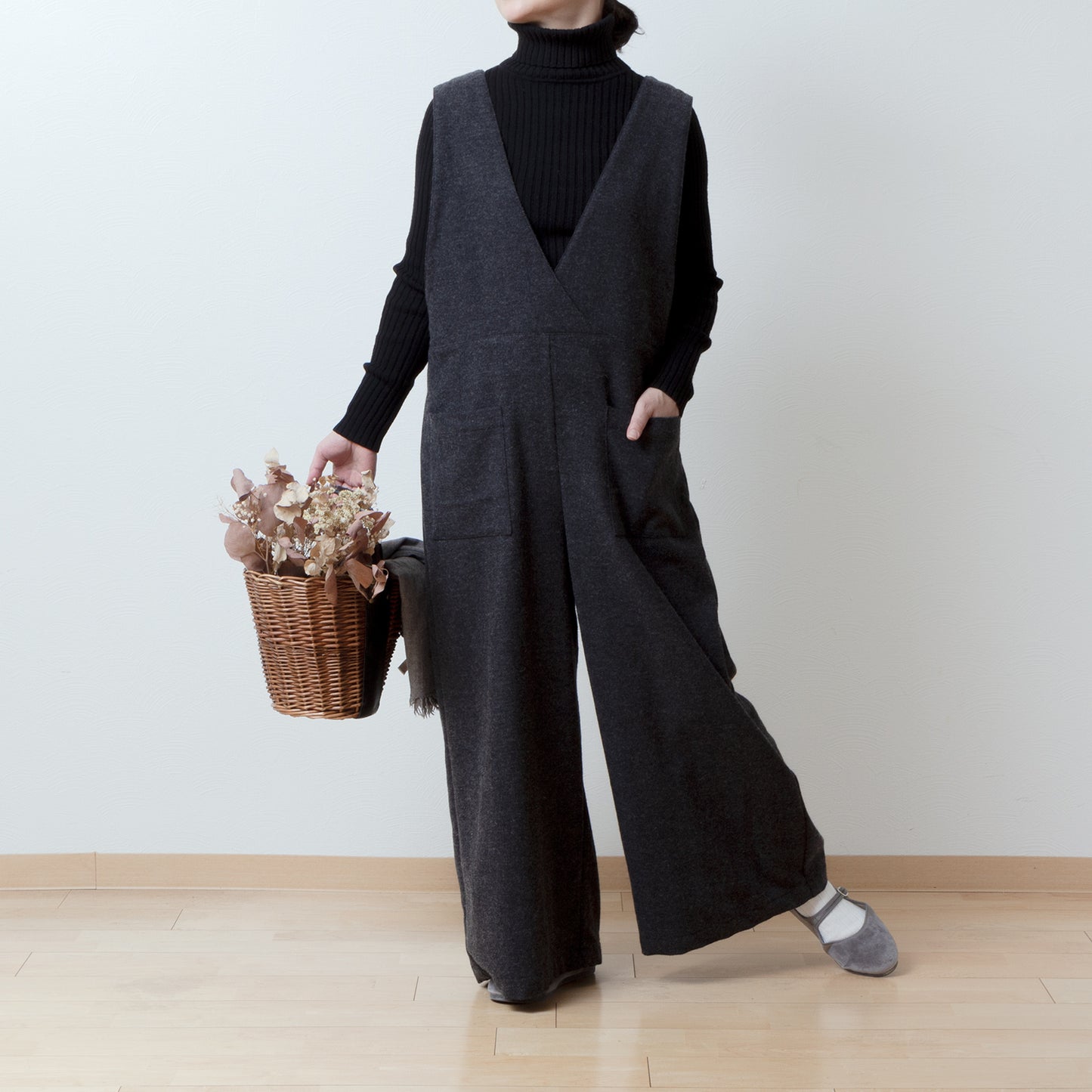 冬季寬褲 - 羊毛人字紋/炭灰色