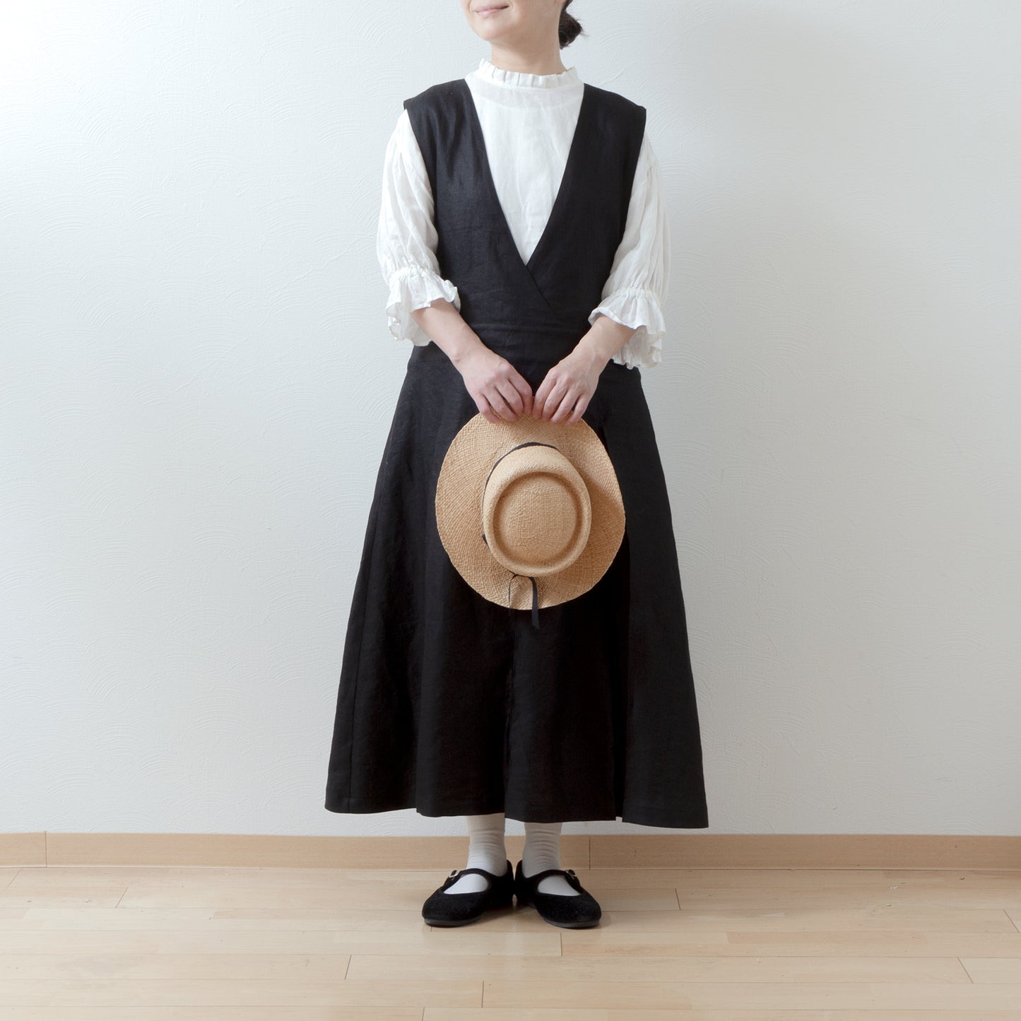 亞麻緊身褶皺洋裝/黑色