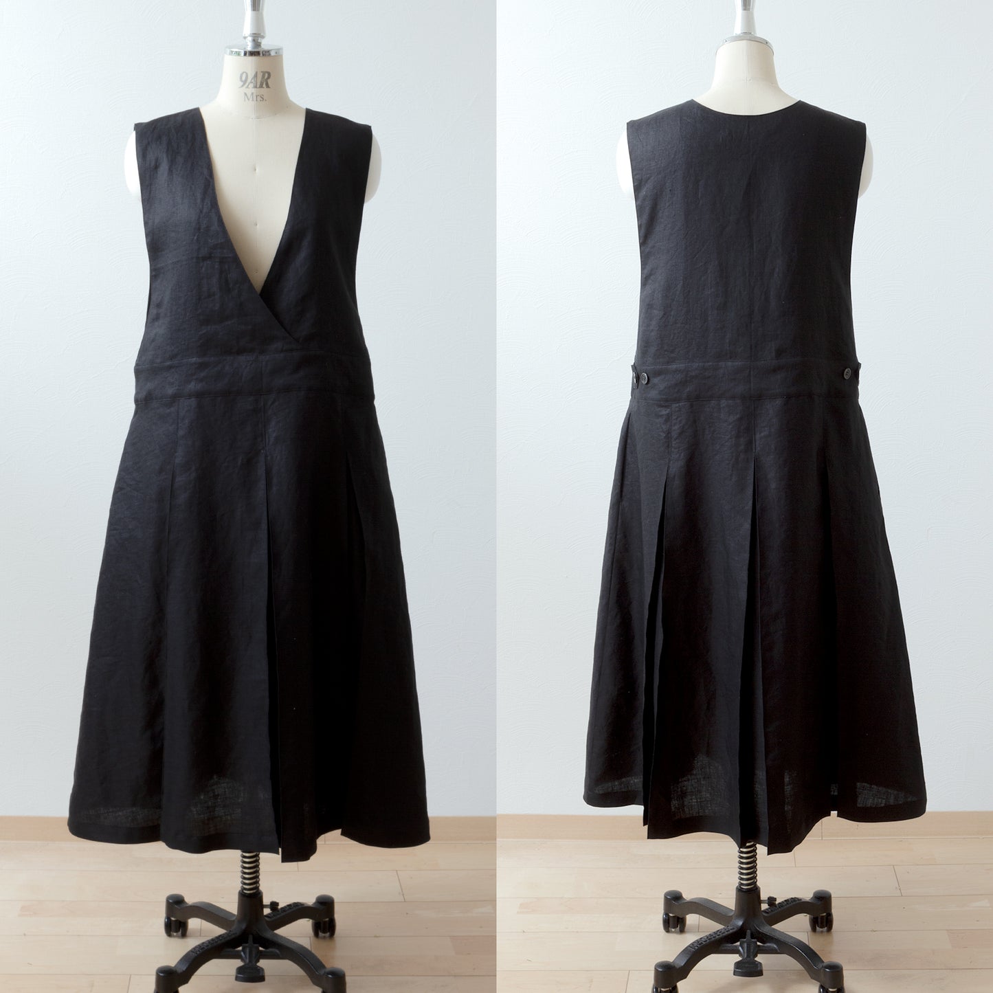 亞麻緊身褶皺洋裝/黑色