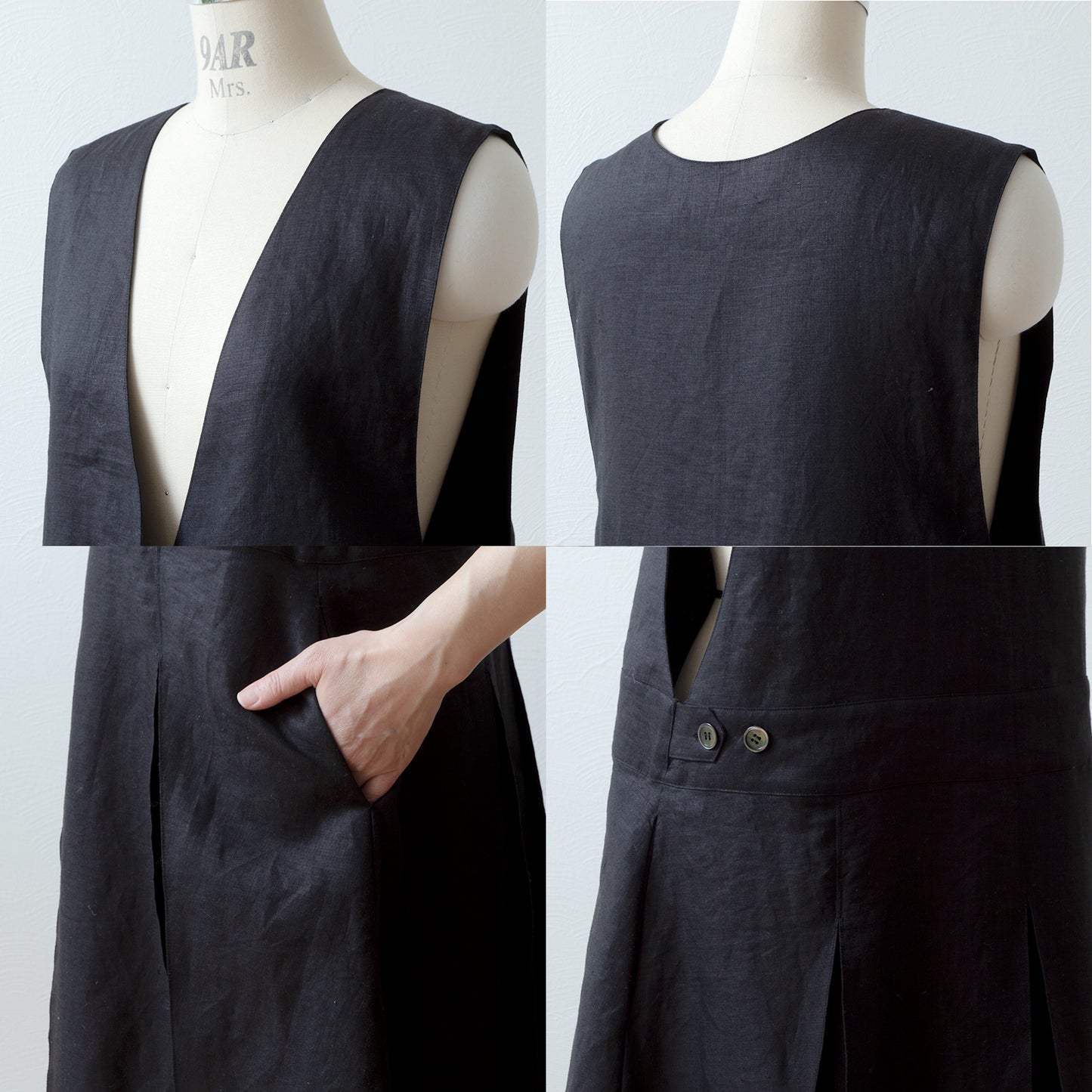 亞麻緊身褶皺洋裝/黑色