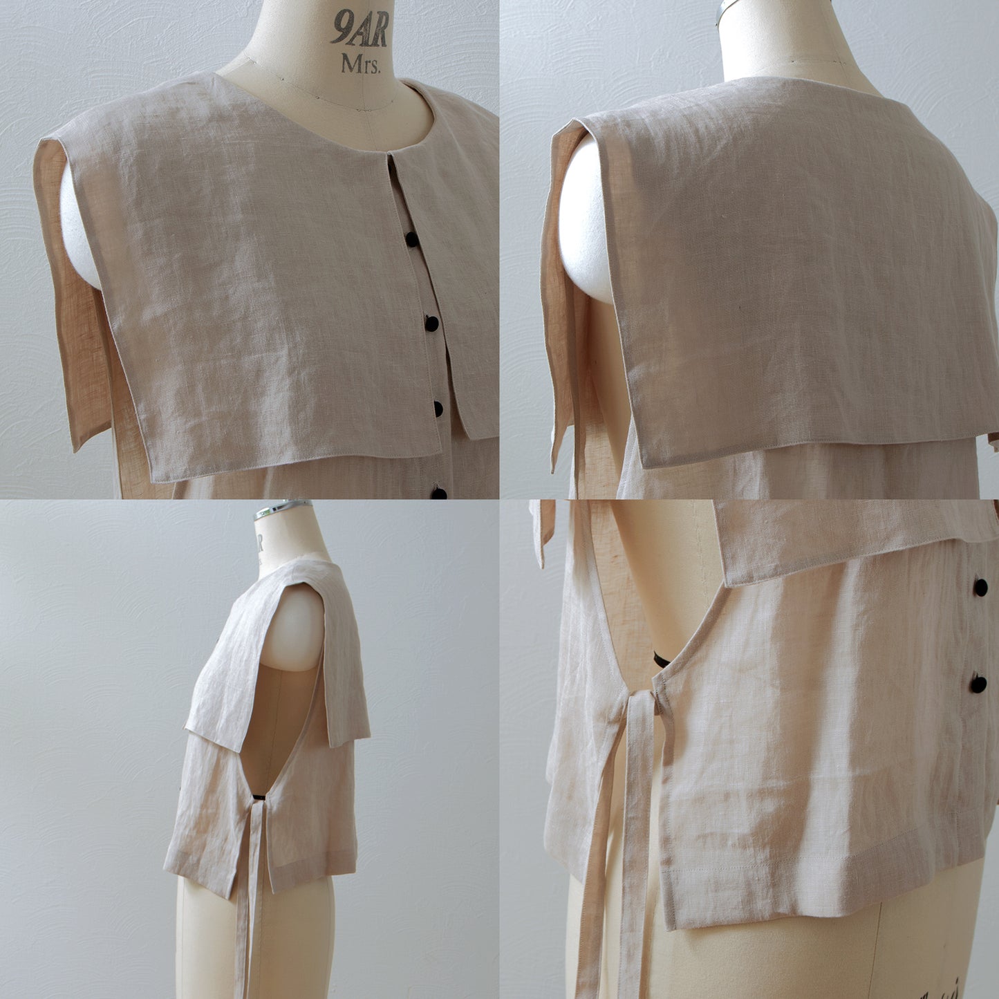 Square collar linen vest/beige