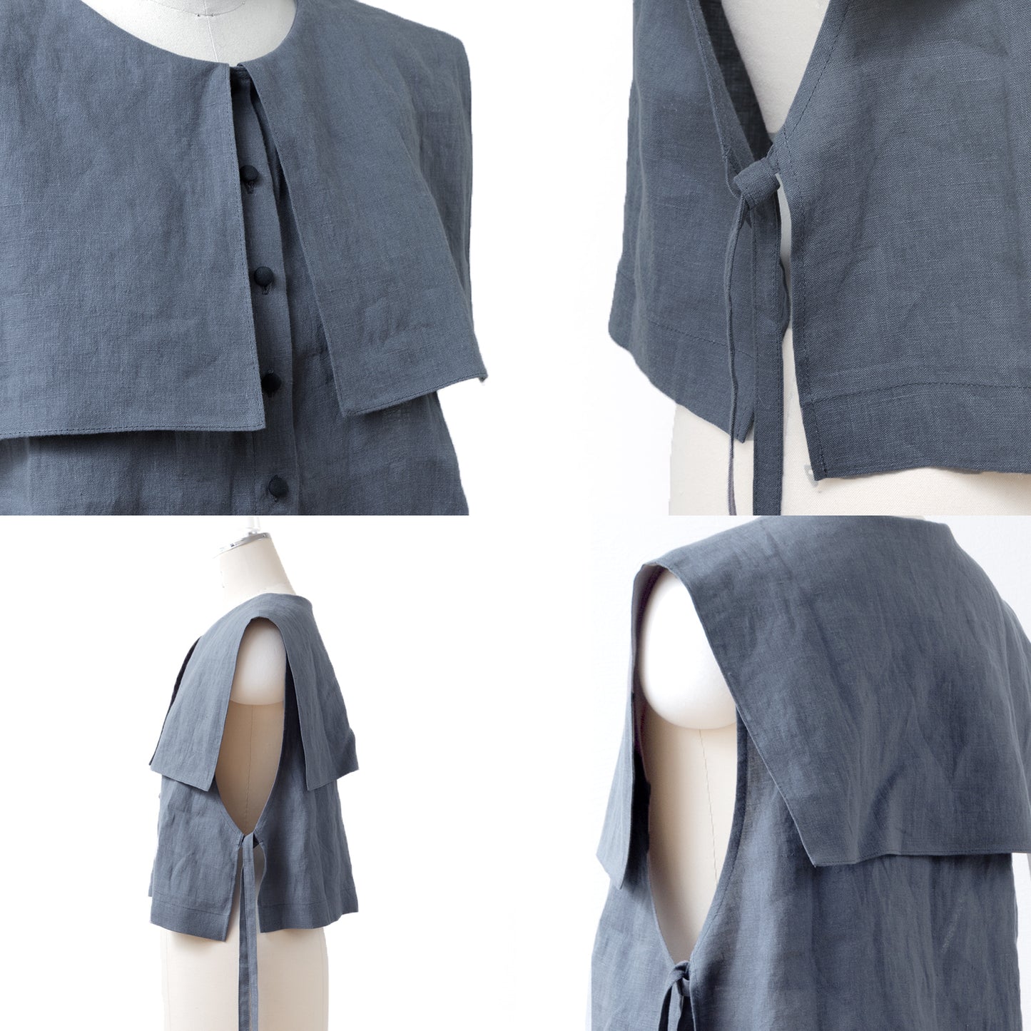 Square collar linen vest/gray