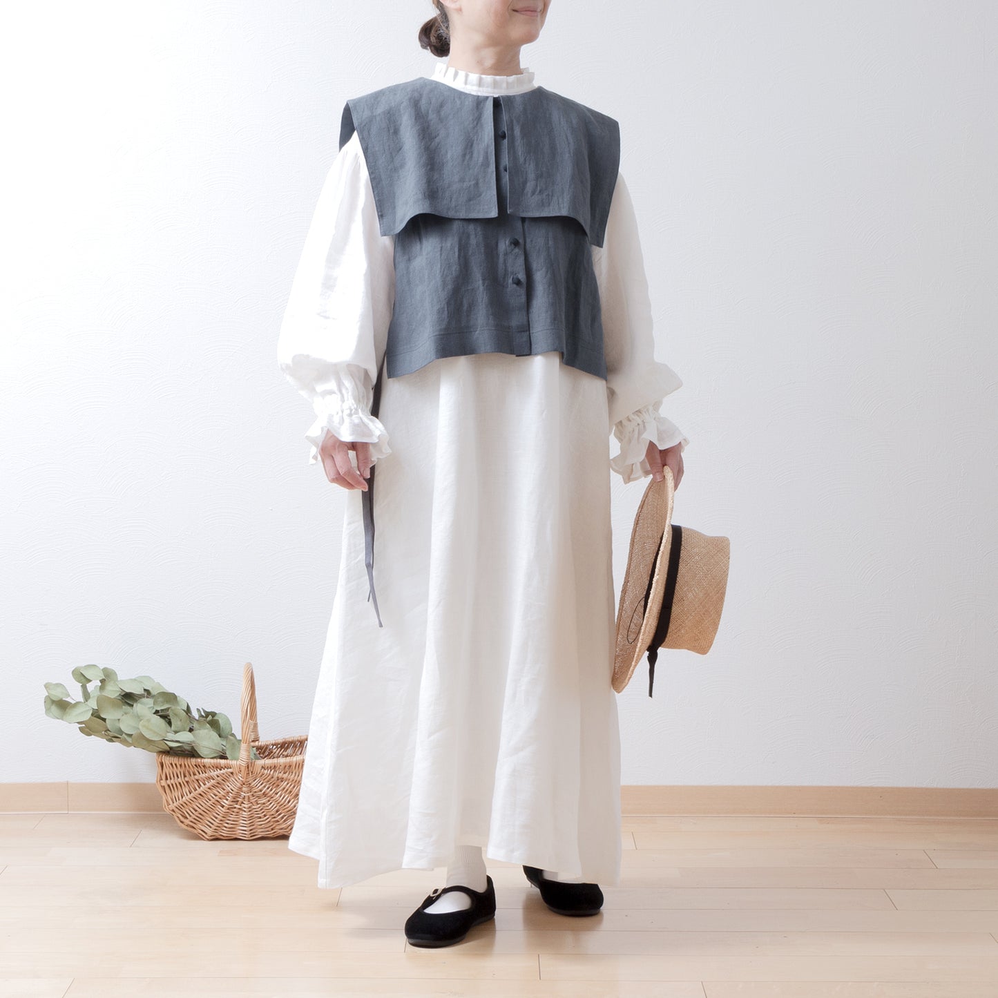 Square collar linen vest/gray