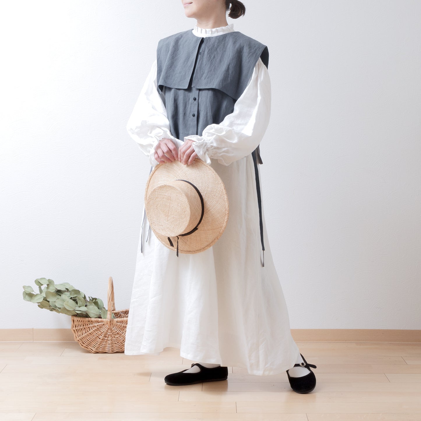 Square collar linen vest/gray