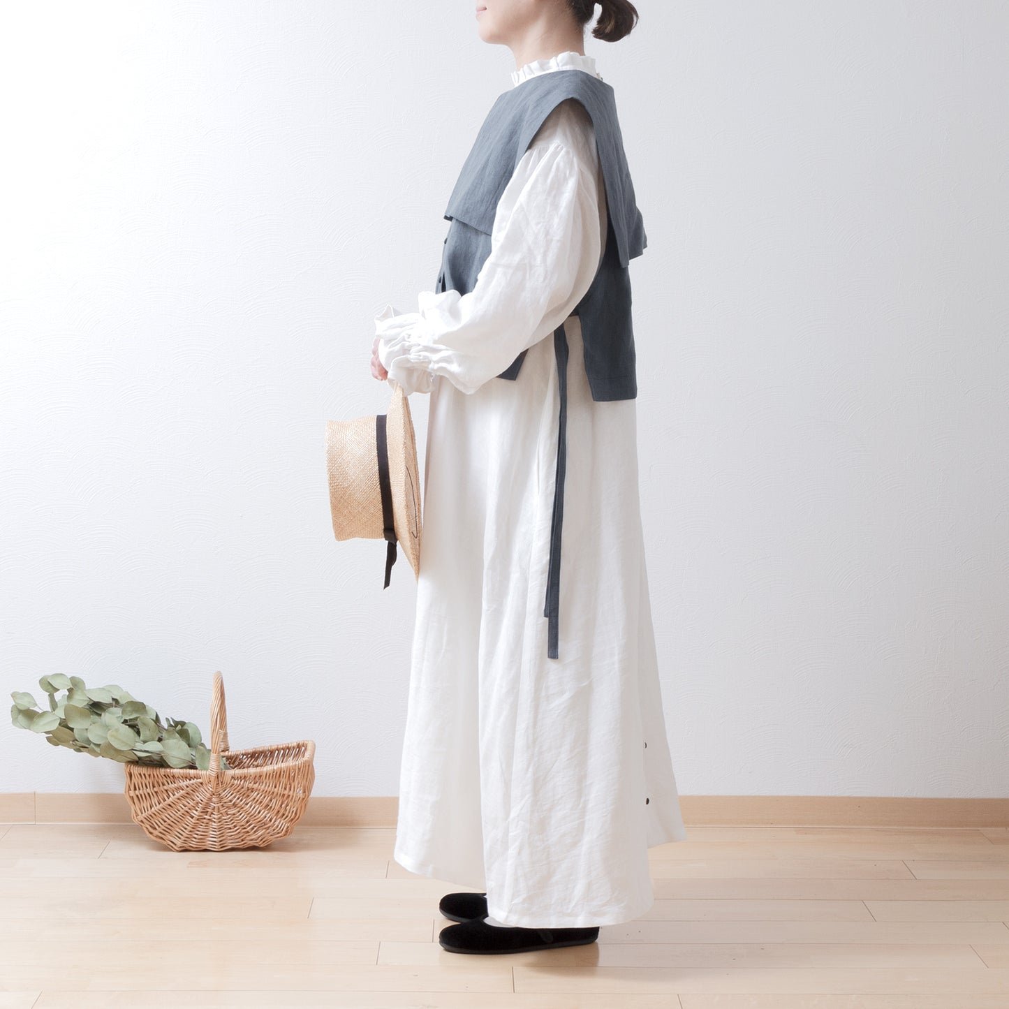 Square collar linen vest/gray