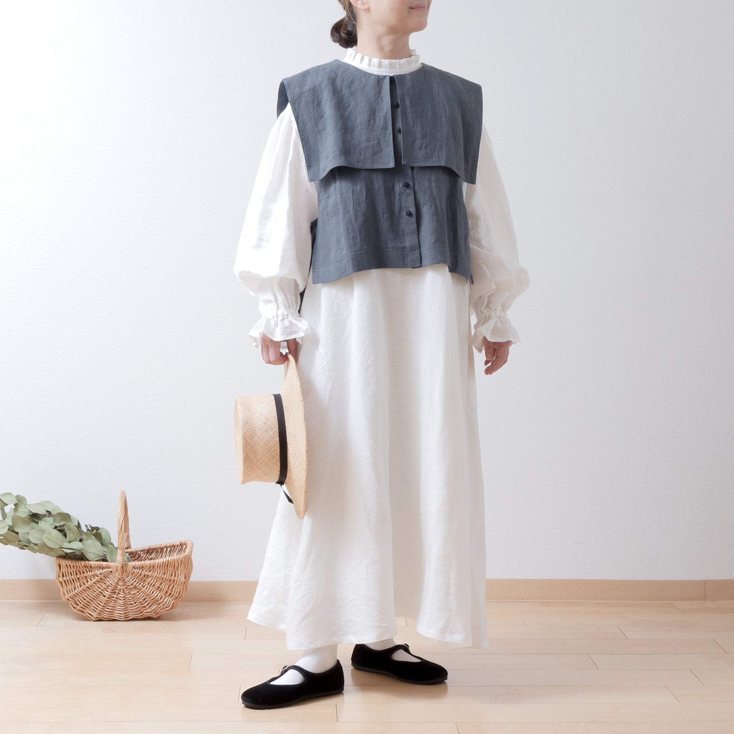 Square collar linen vest/gray