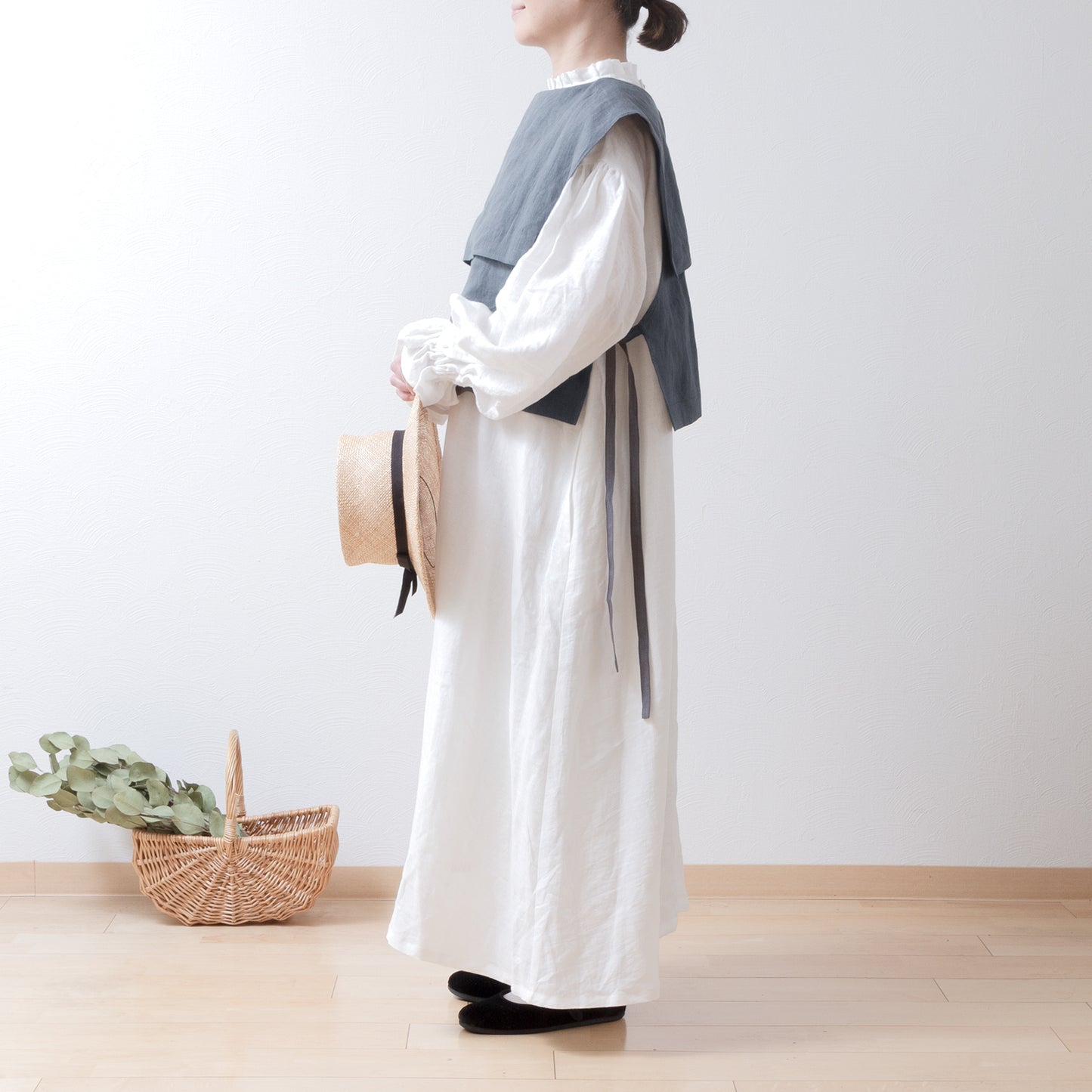 Square collar linen vest/gray