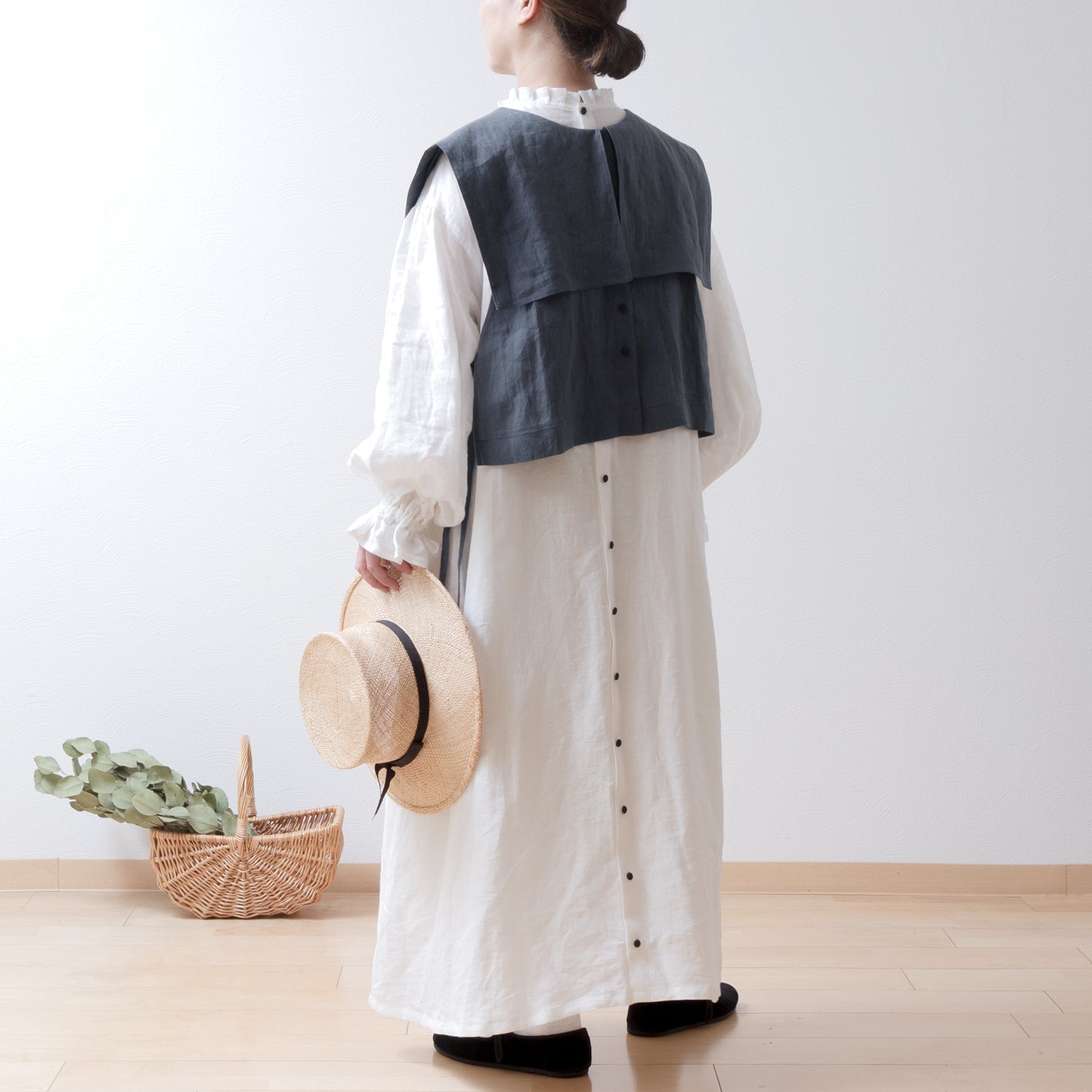 Square collar linen vest/gray