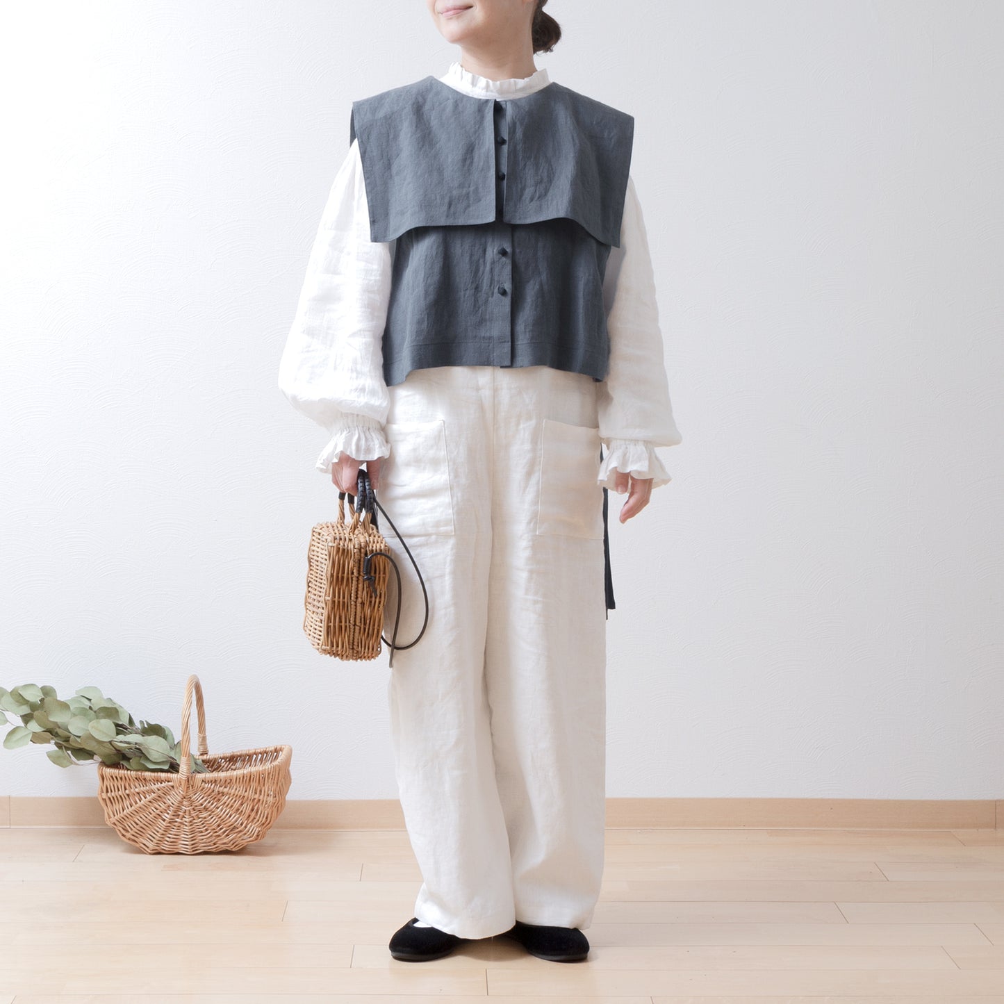 Square collar linen vest/gray