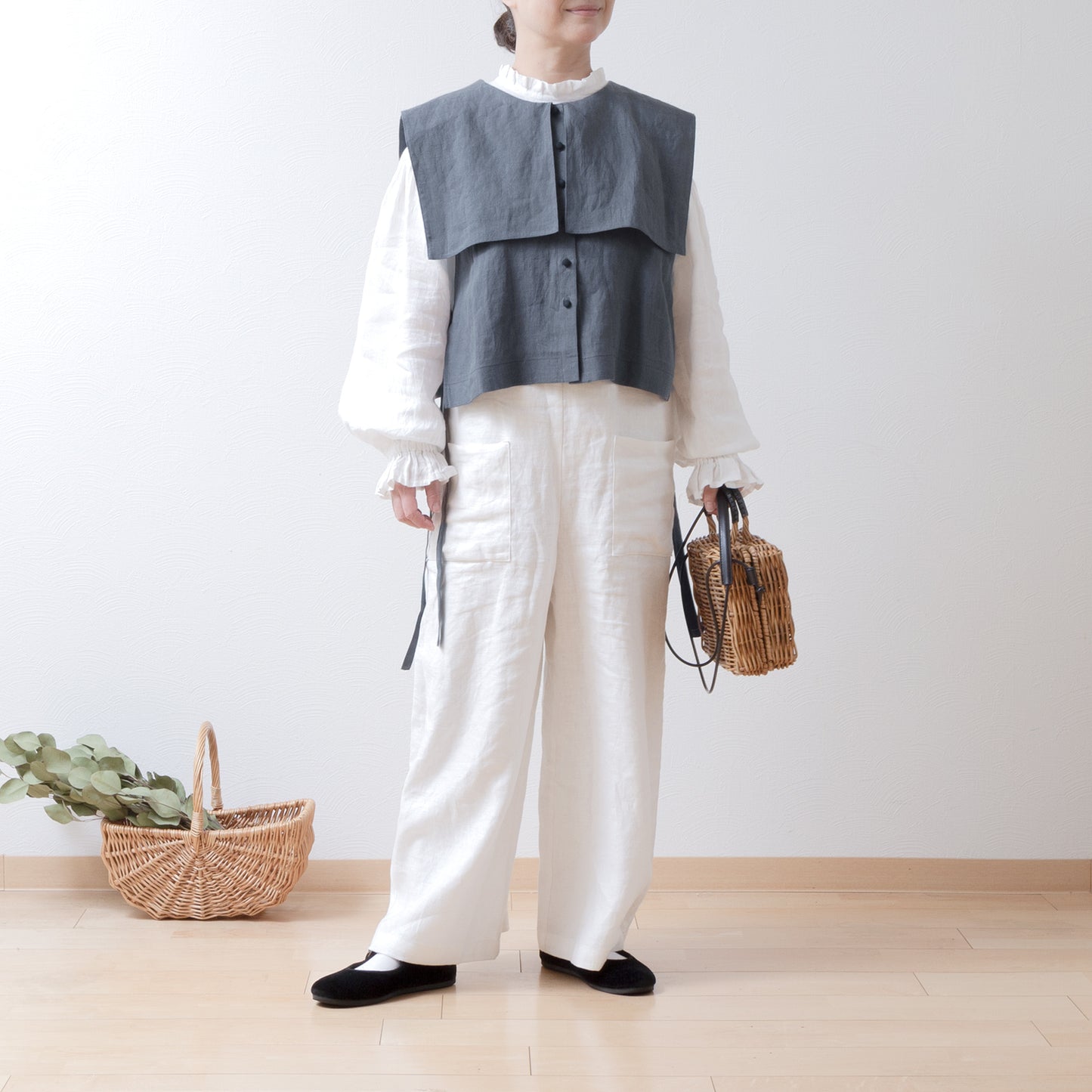 Square collar linen vest/gray