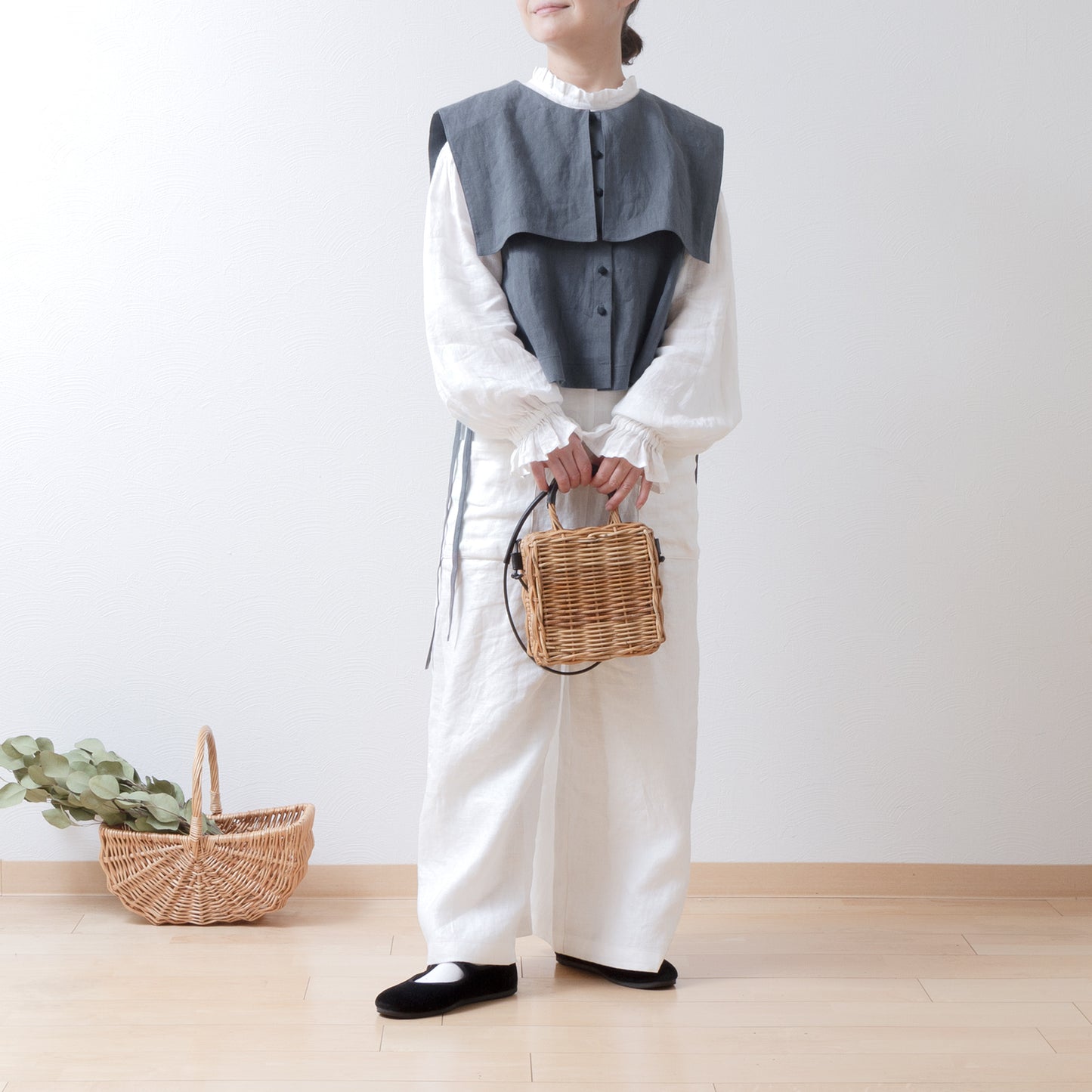 Square collar linen vest/gray