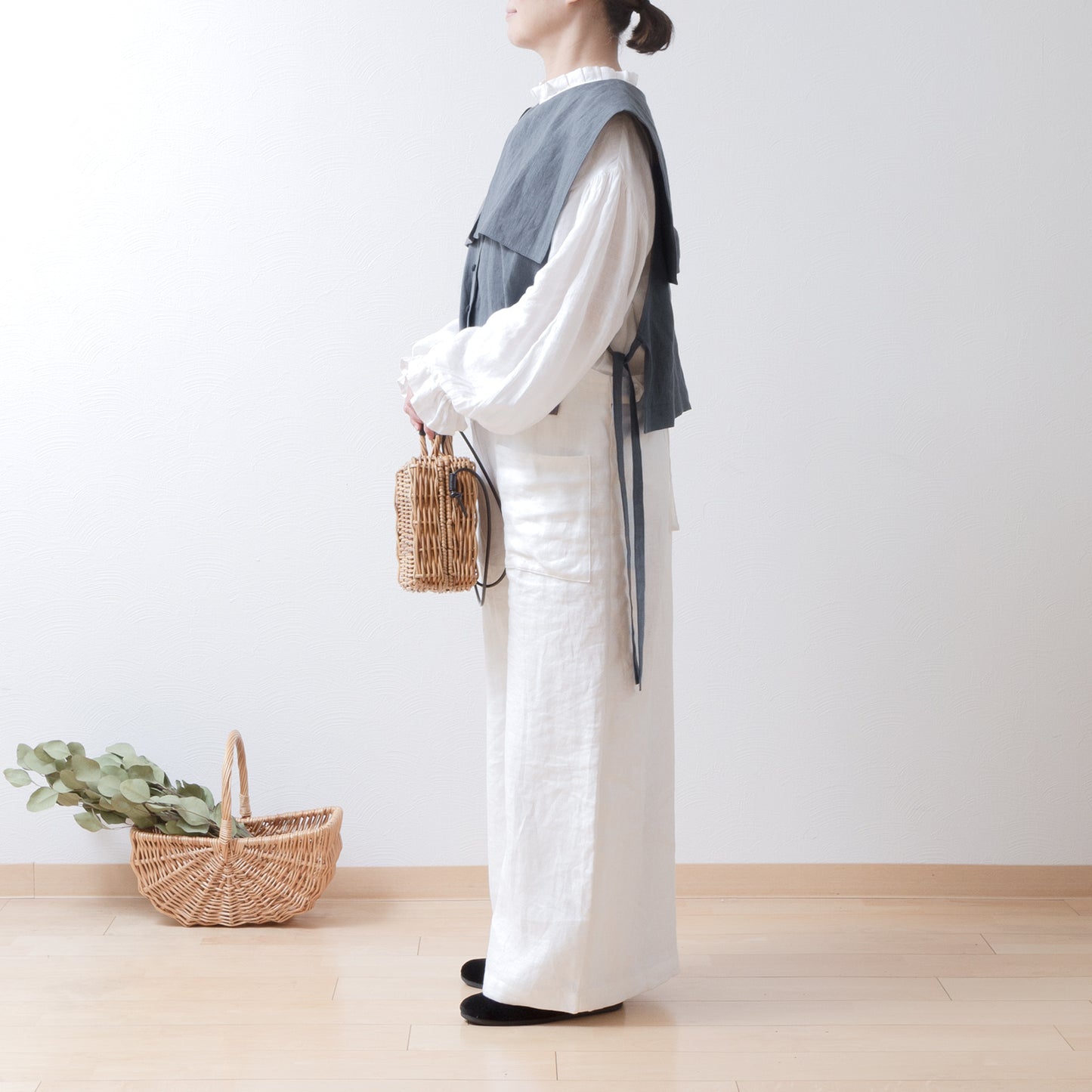 Square collar linen vest/gray