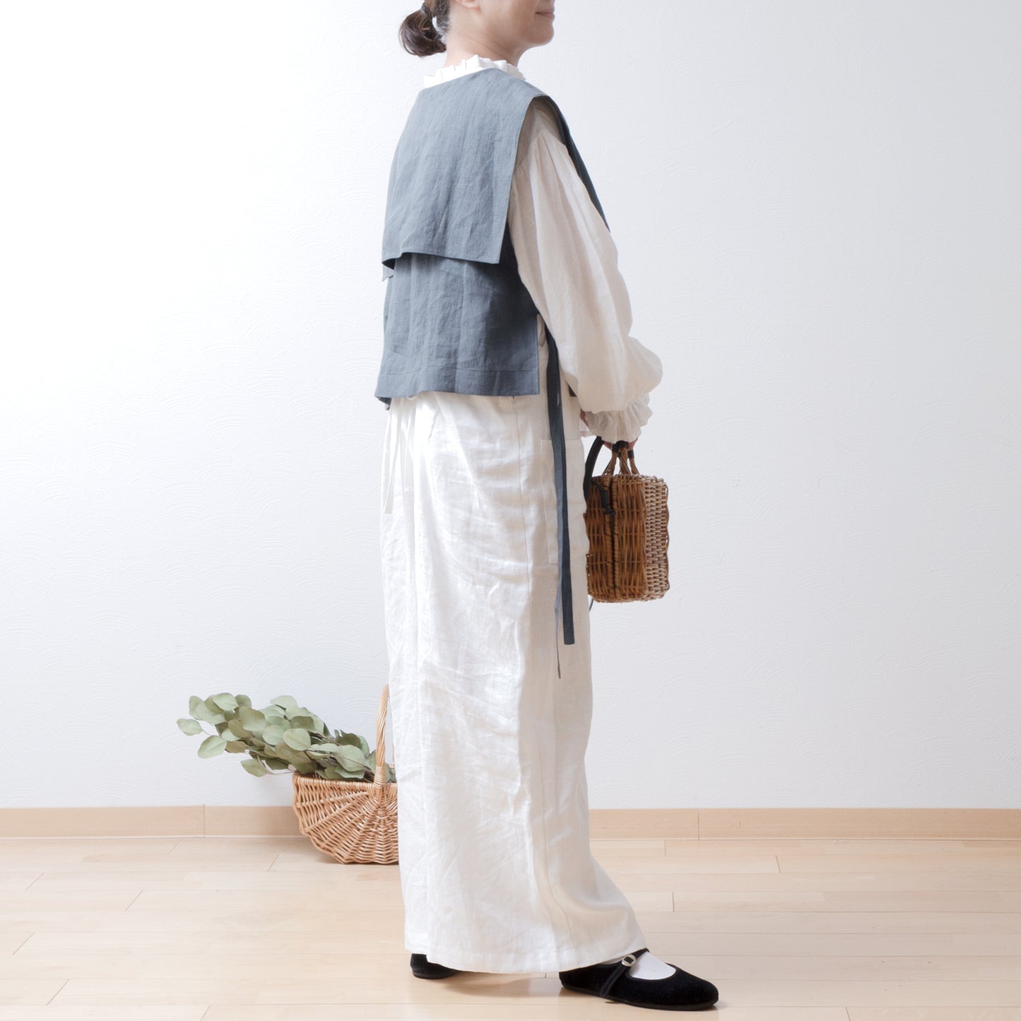 Square collar linen vest/gray