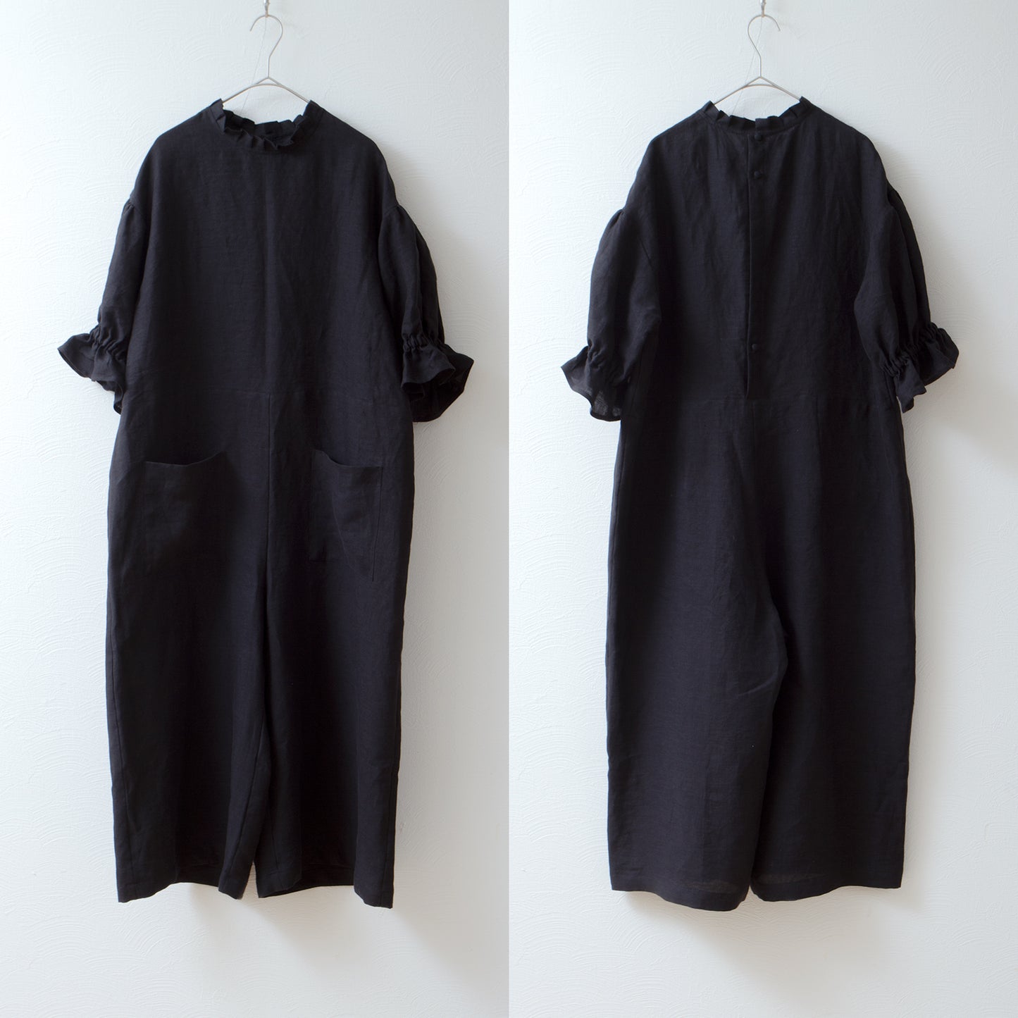 Tuck frill collar gathered half sleeve linen all-in-one/black
