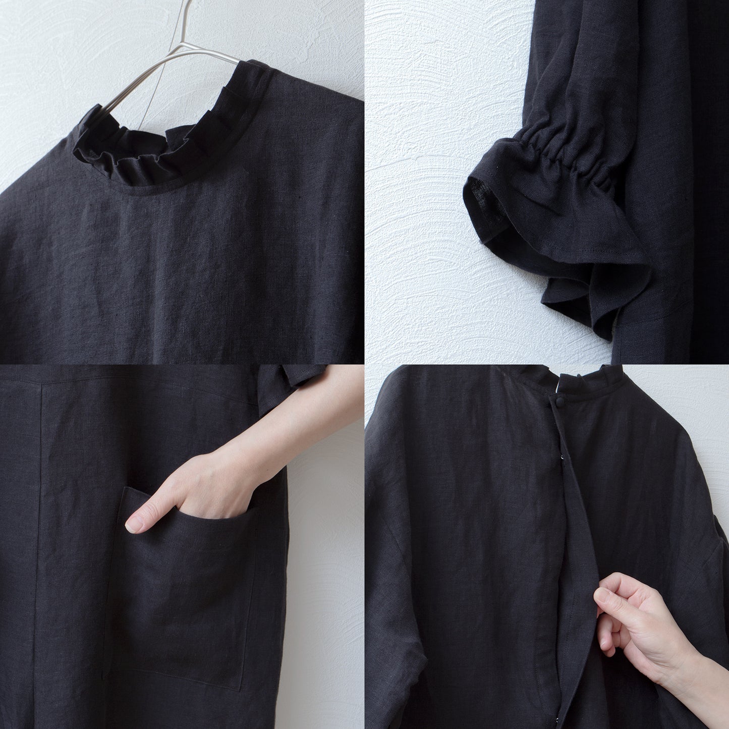 Tuck frill collar gathered half sleeve linen all-in-one/black