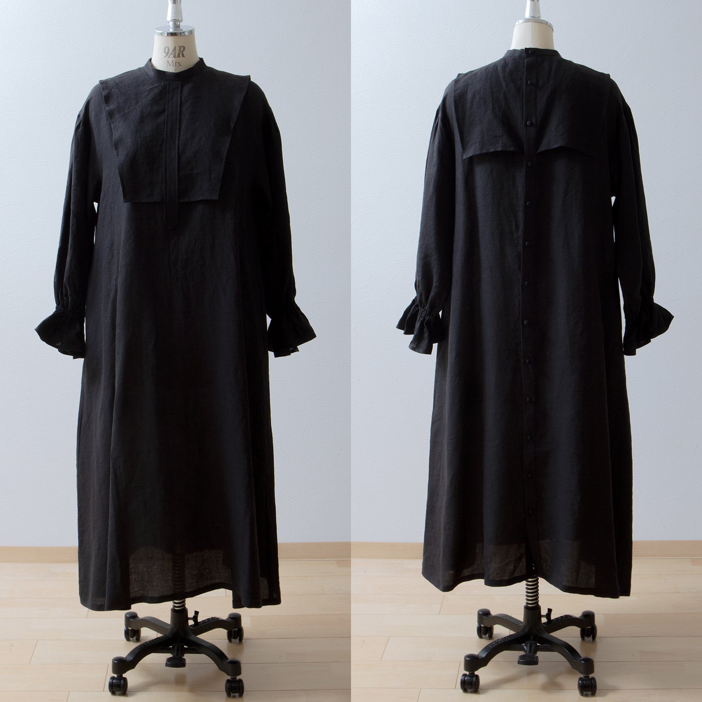 疊袖亞麻連身裙/黑色