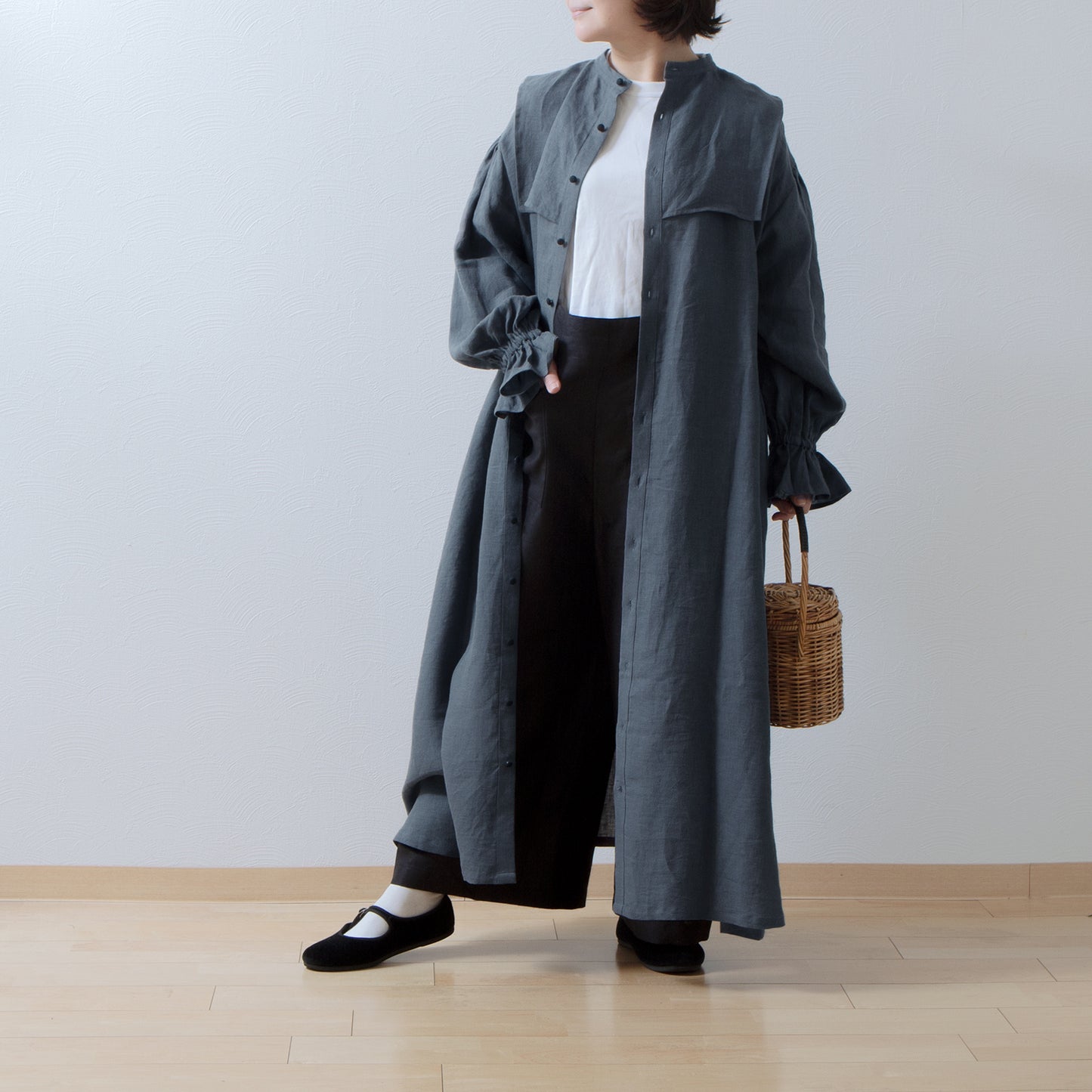 軛層褶袖亞麻洋裝/灰色