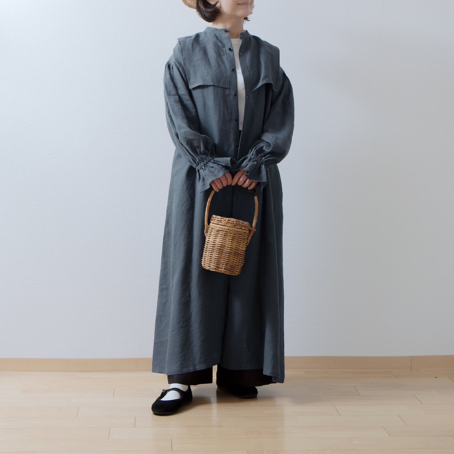 軛層褶袖亞麻洋裝/灰色