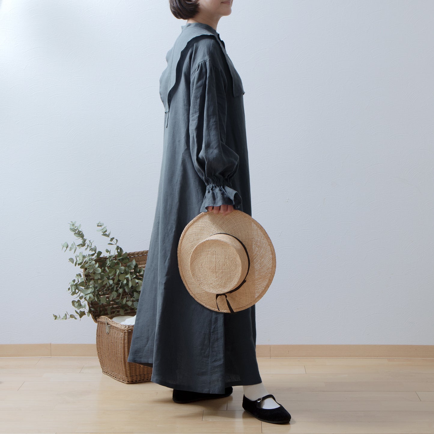 軛層褶袖亞麻洋裝/灰色