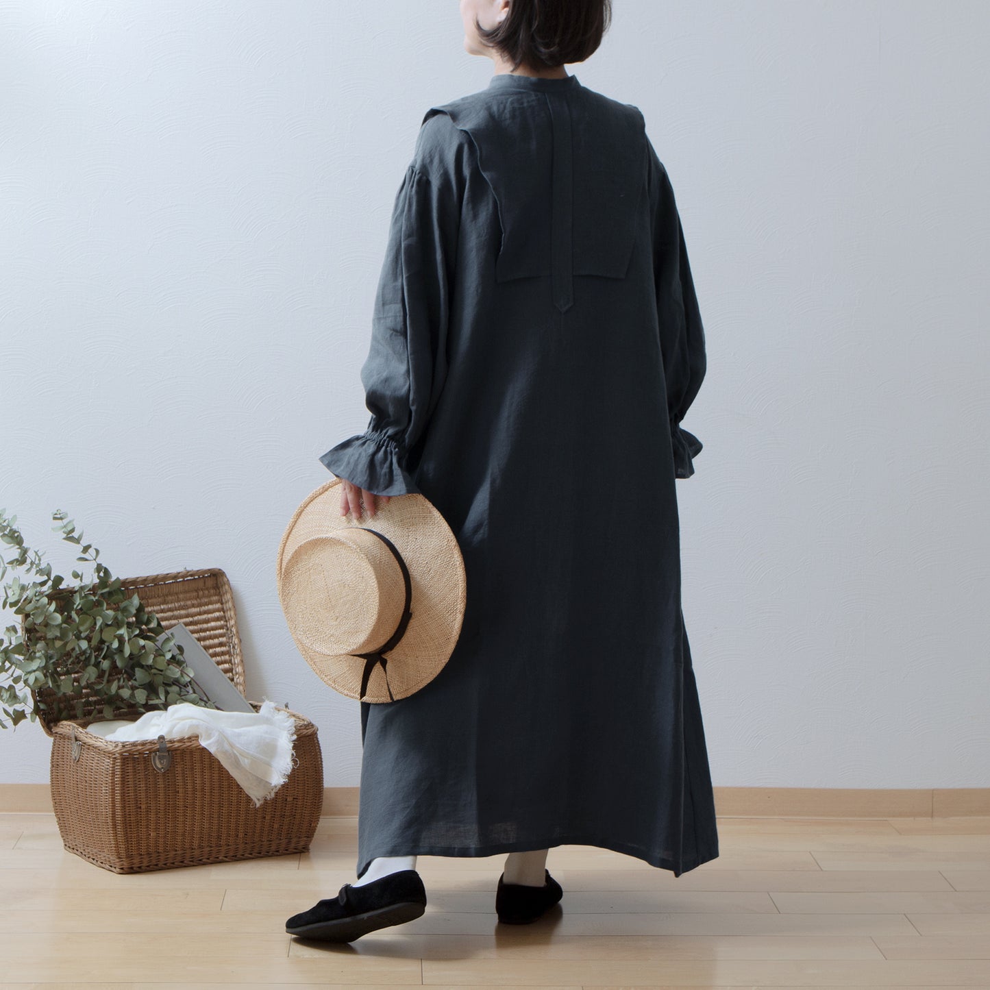 軛層褶袖亞麻洋裝/灰色