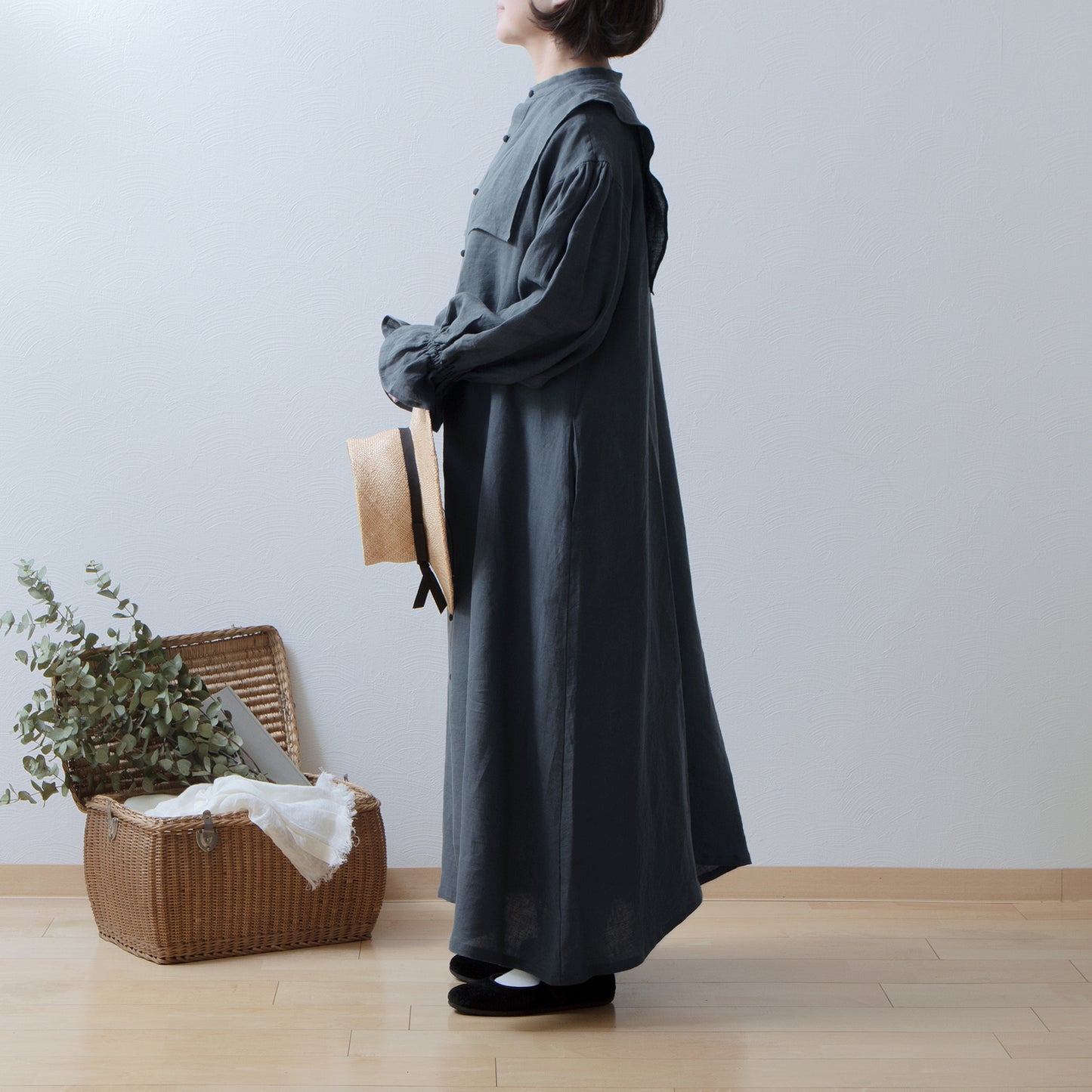 軛層褶袖亞麻洋裝/灰色