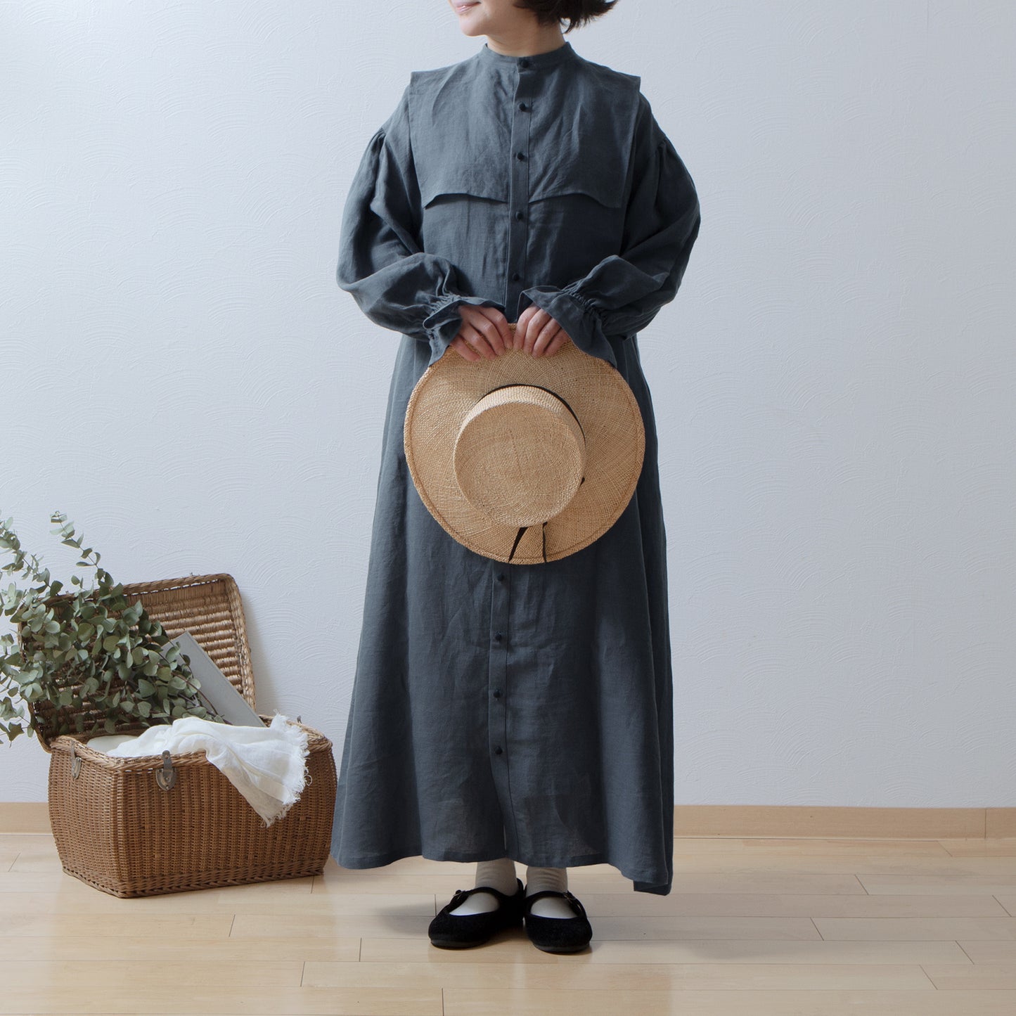 軛層褶袖亞麻洋裝/灰色