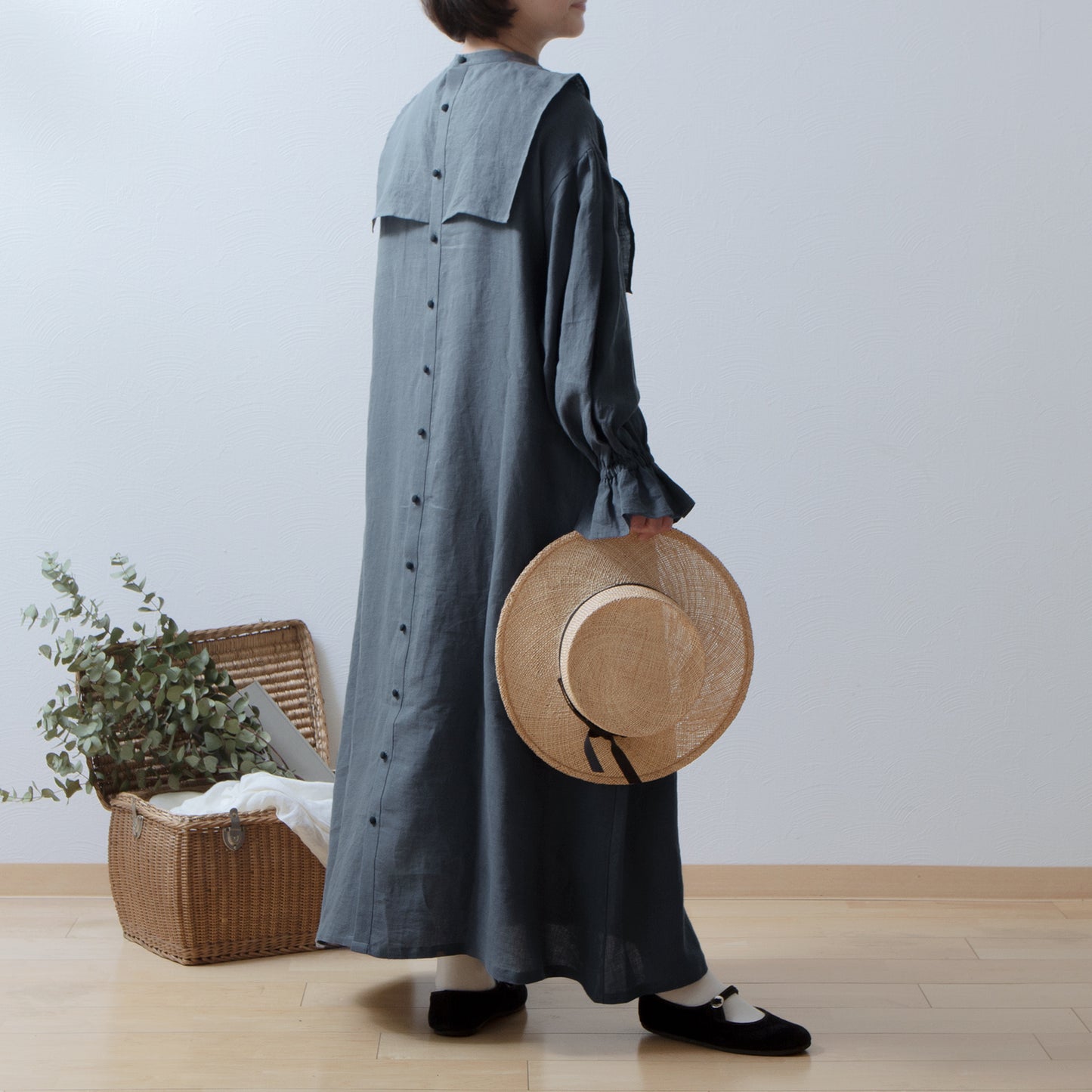 軛層褶袖亞麻洋裝/灰色