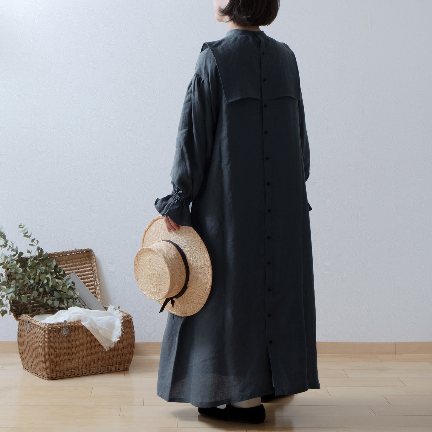 軛層褶袖亞麻洋裝/灰色