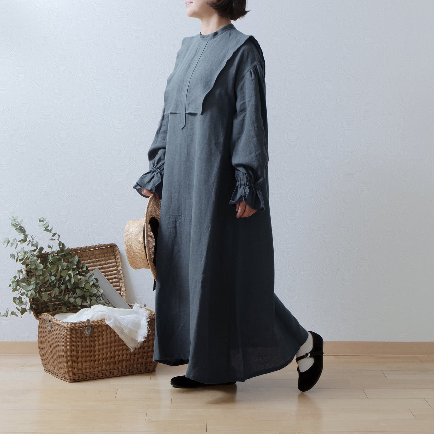 軛層褶袖亞麻洋裝/灰色