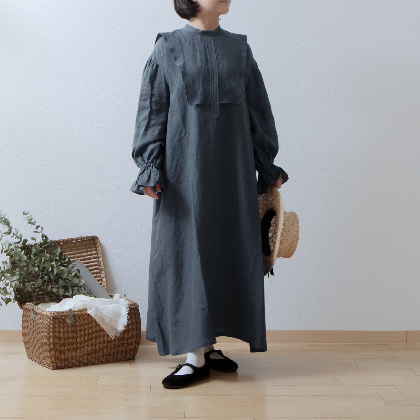軛層褶袖亞麻洋裝/灰色
