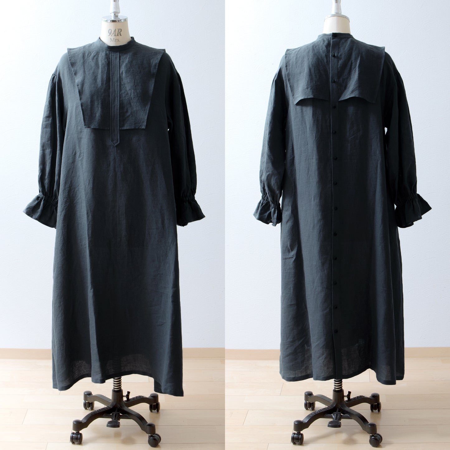 軛層褶袖亞麻洋裝/灰色