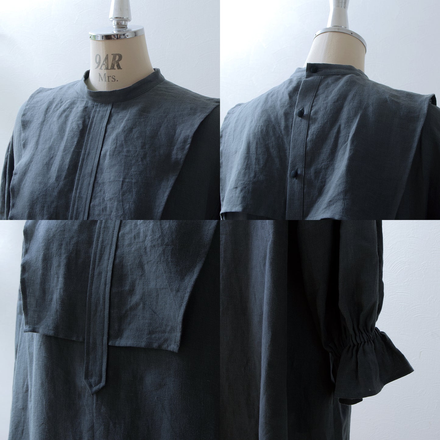 軛層褶袖亞麻洋裝/灰色