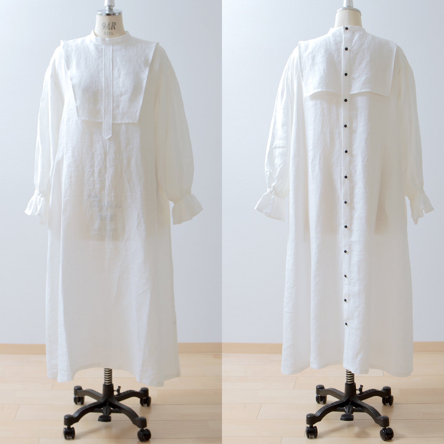 Yoke layer gathered sleeve linen dress/off white