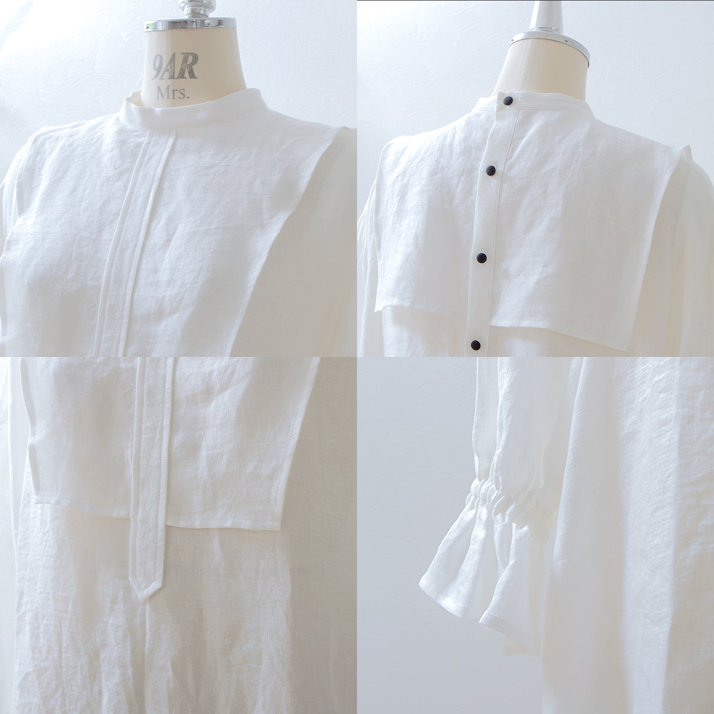 Yoke layer gathered sleeve linen dress/off white
