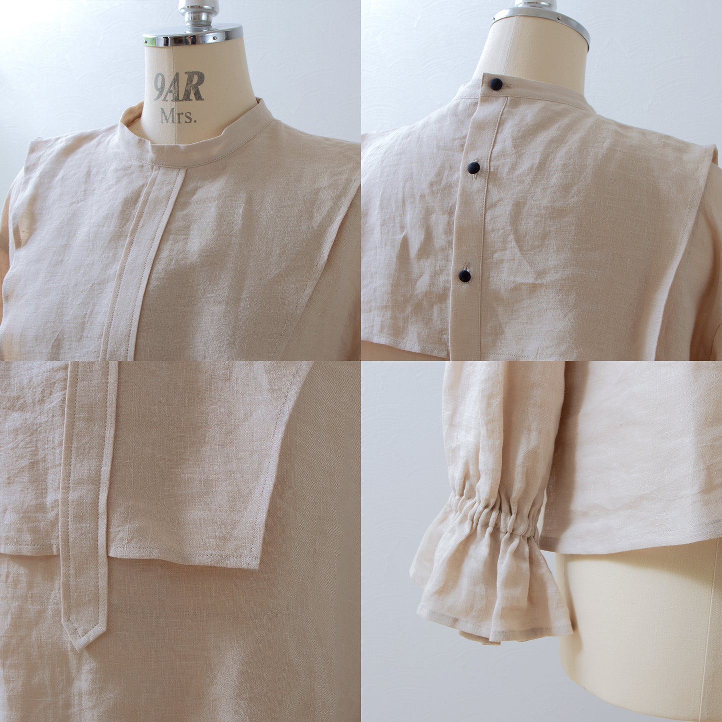 Yoke layer gathered sleeve linen blouse / beige