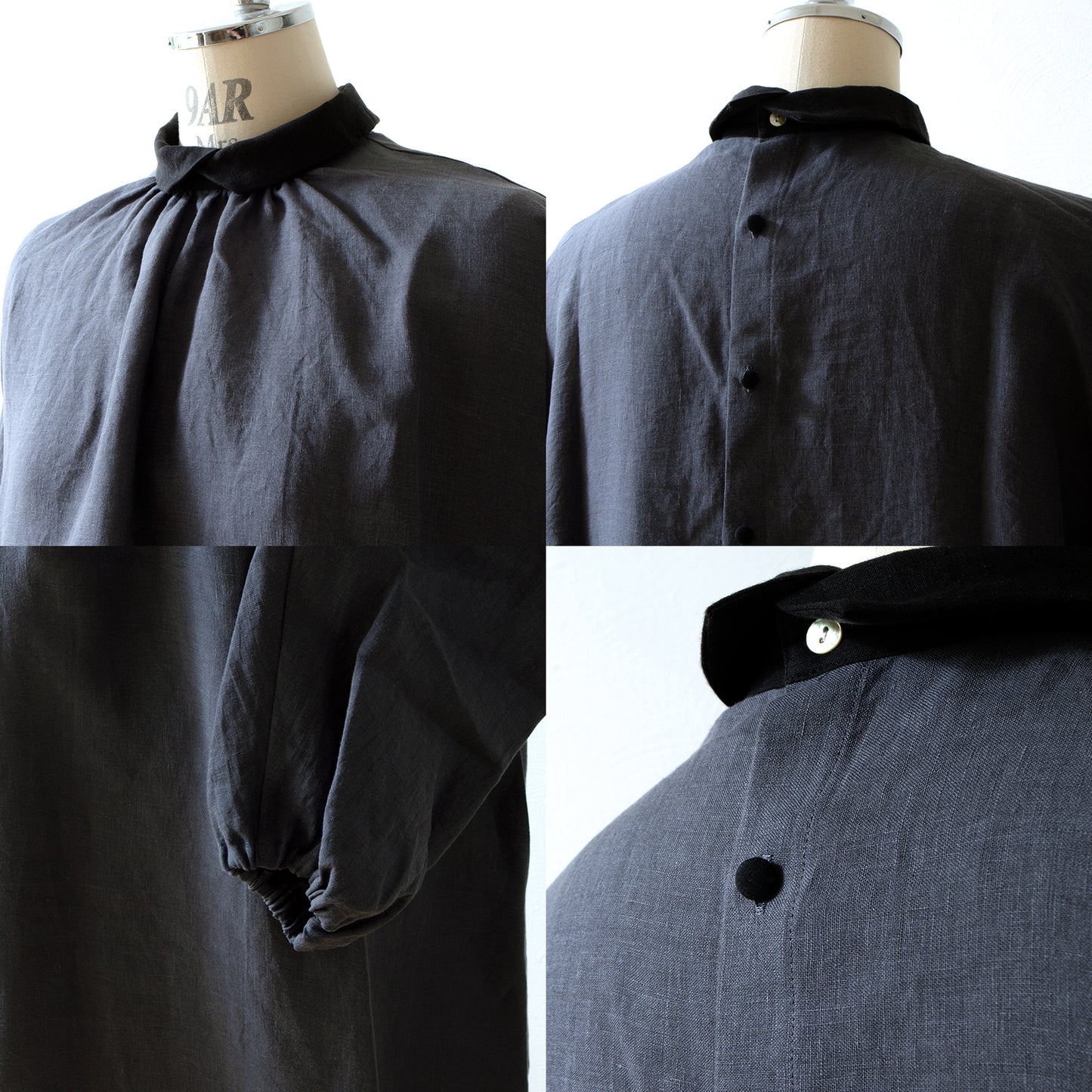 優雅可愛的法國亞麻 A 字形連身裙,配有牧師領、寬大的袖子和後蓋扣/灰色牧師