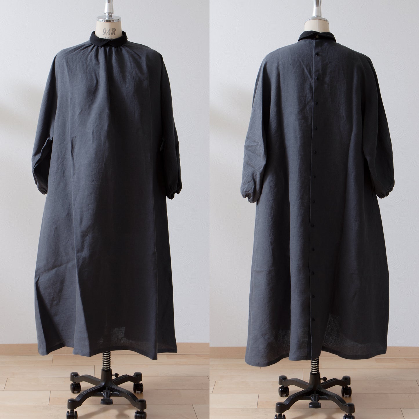 優雅可愛的法國亞麻 A 字形連身裙,配有牧師領、寬大的袖子和後蓋扣/灰色牧師