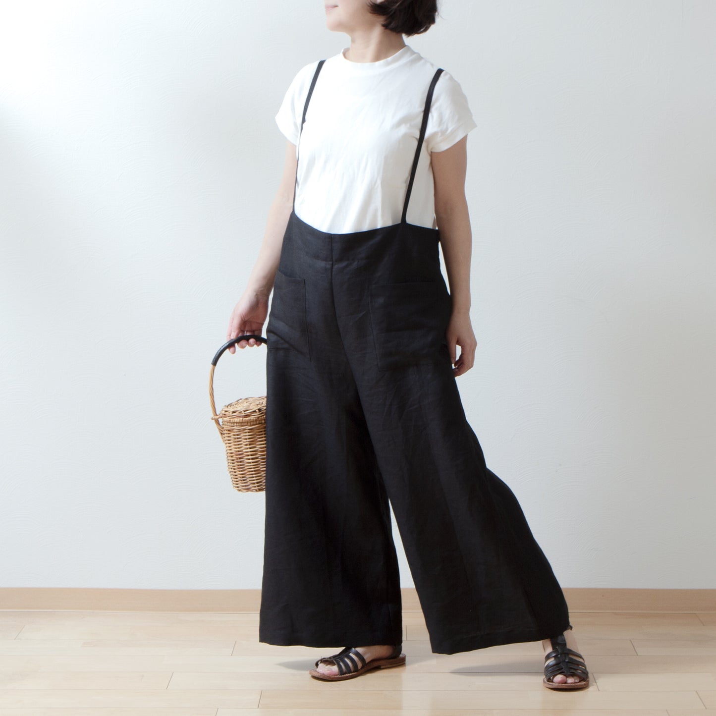 吊帶寬亞麻褲/黑色